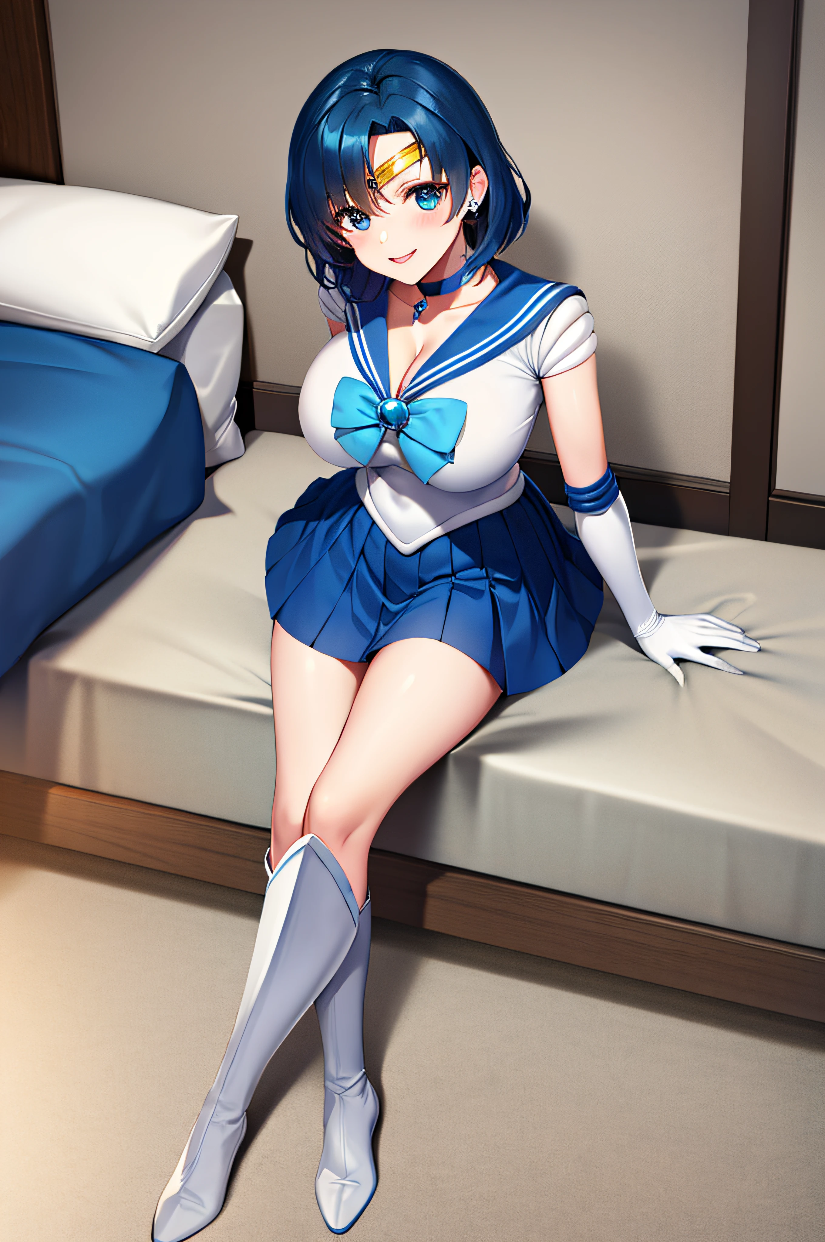masterpiece, top-quality, hight resolution, Mer1, tiarra, Sailor Senshi Uniform, a blue skirt, Blue sailor color, tiarra, the bow, knee boots, a choker, white glove, Blue choker, elbowgloves, jewely, 耳Nipple Ring, pleatedskirt, Bedroom、Colossal tits、cleavage of the breast、White pants、smil