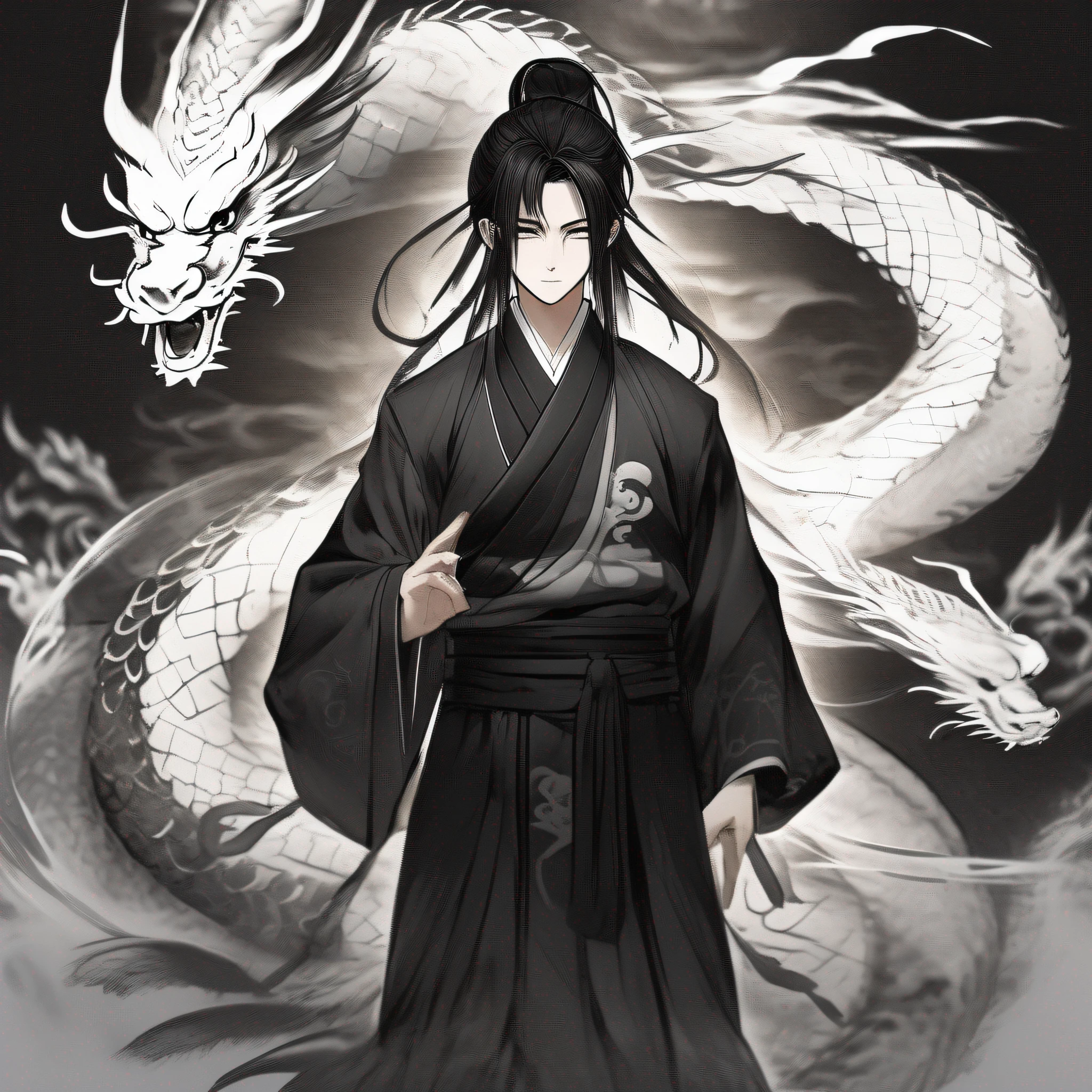 Highest image quality,4K,Ancient Chinese ink style,Handsome antique boy,upperbody closeup,Long black hair,Black and white robes,It is surrounded by black and white double dragons,Eyes glow