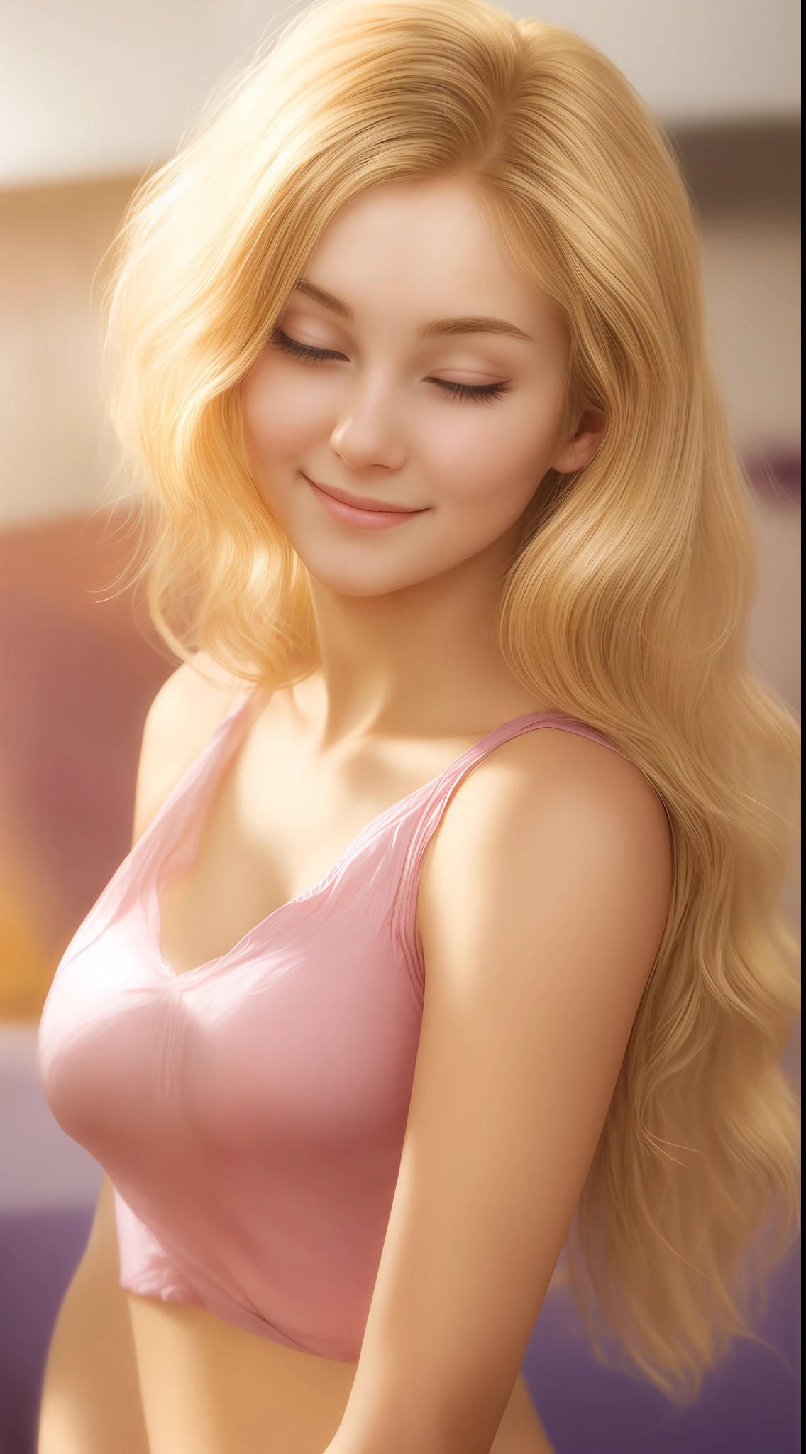 18 year old young woman with straight golden blonde hair and a delicate face, very young face, holding pink dress on all fours with big breasts, smiling