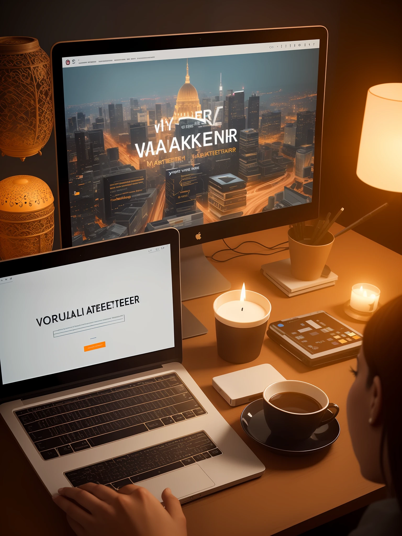 Create an image representing a virtual istant working alongside a digital marketer, showcasing the importance of content marketing, (intricate details), hdr, (intricate details, hyperdetailed:1.2), cinematic shot, centered