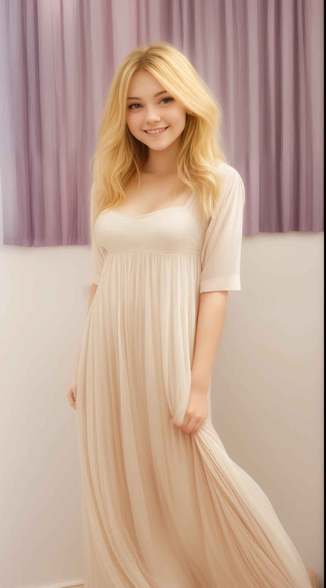 18 year old young woman with straight golden blonde hair and a delicate face, very young face, holding pink dress on all fours with big breasts, smiling