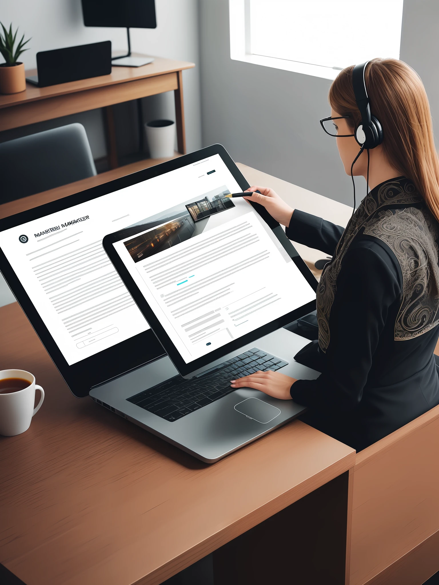 Create an image representing a virtual assistant working alongside a digital marketer, showcasing the importance of content marketing, (intricate details), hdr, (intricate details, hyperdetailed:1.2), cinematic shot, centered
