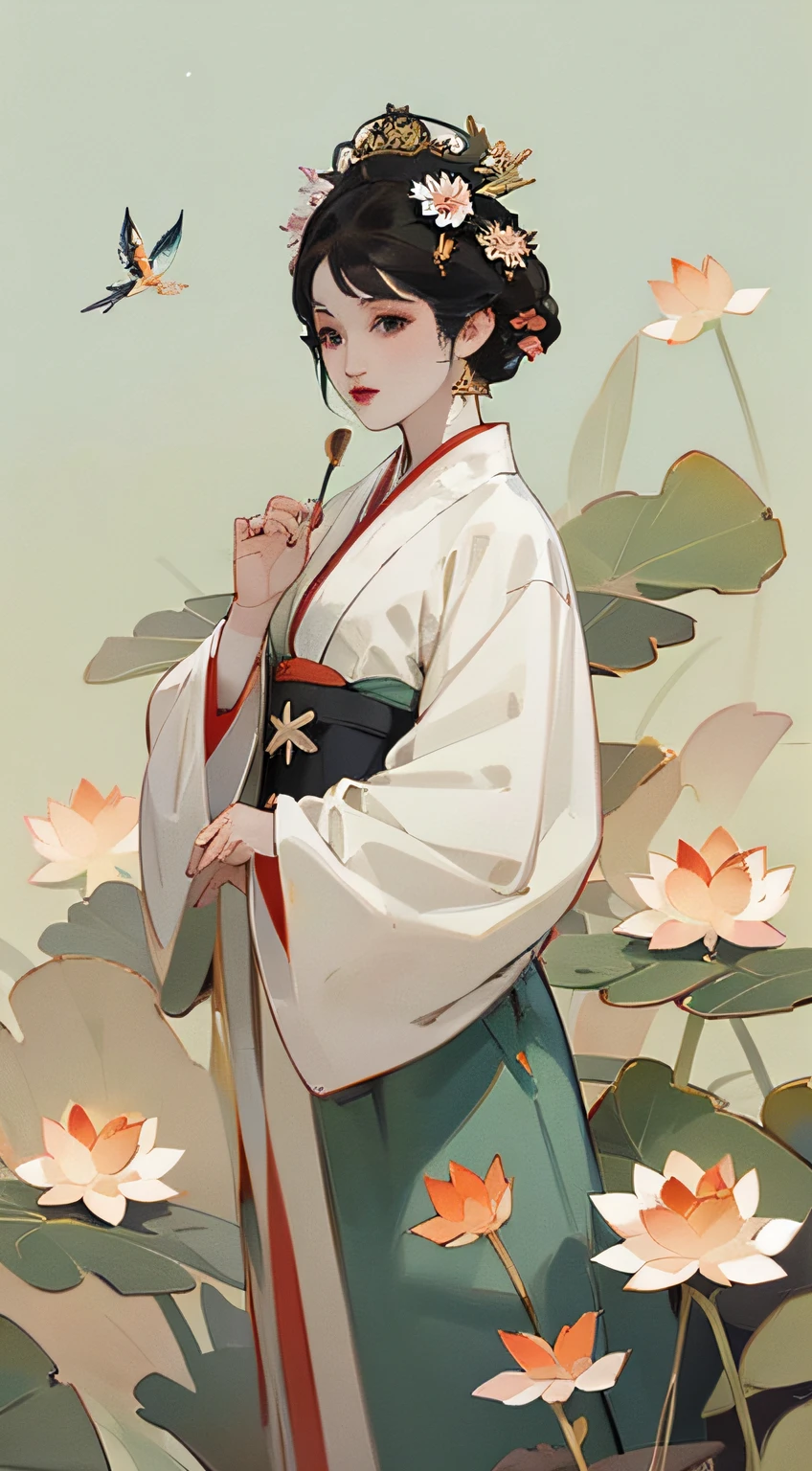 夏天，Lotus foreground，Lotus leaf foreground，Dragonflies land on lotuses，Willow background，China-style，hanfugirl。Flower headdress， --auto