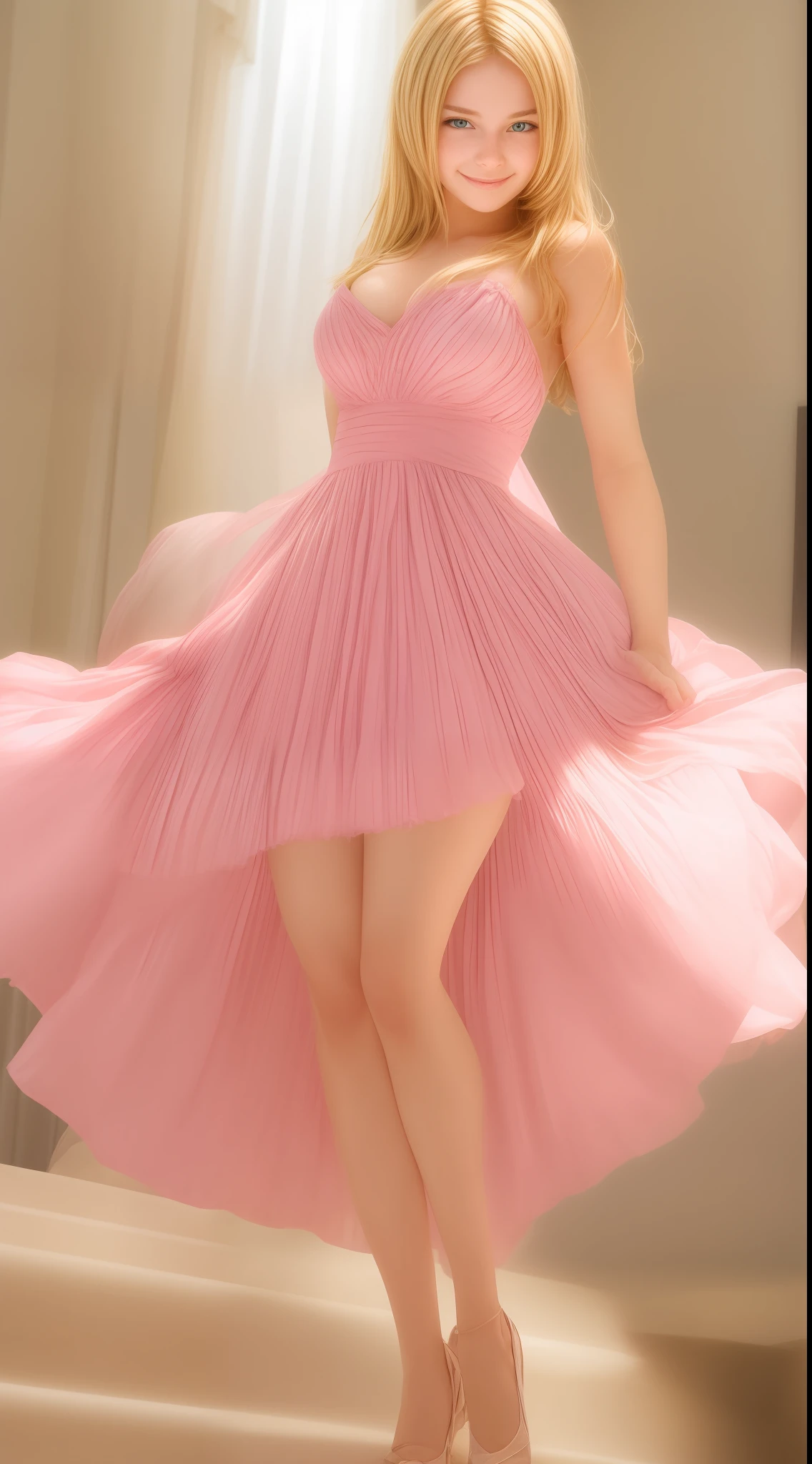 18 year old young woman with straight golden blonde hair and a delicate face, very young face, holding pink dress on all fours with big breasts, smiling