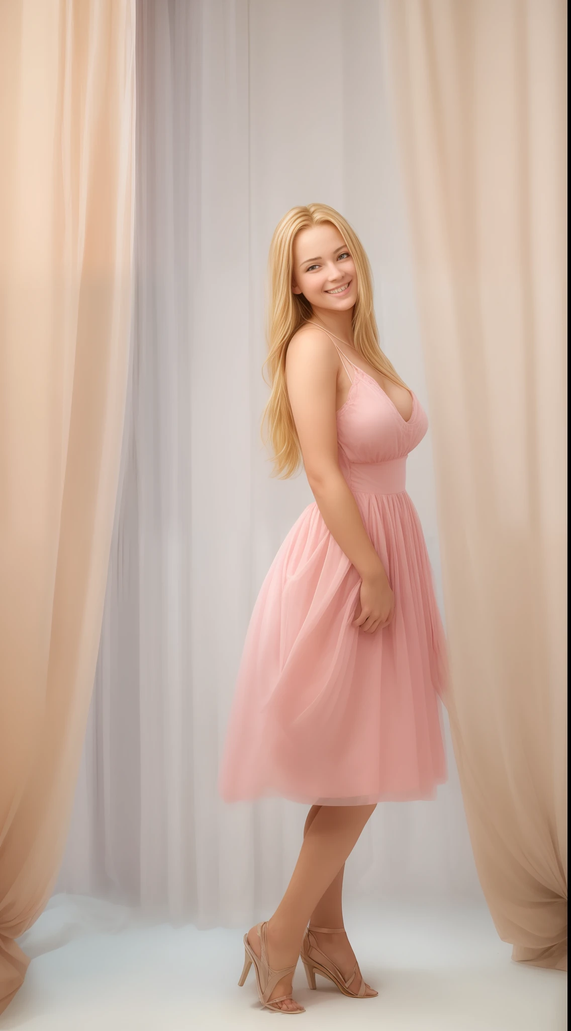 18 year old young woman with straight golden blonde hair and a delicate face, very young face, holding pink dress on all fours with big breasts, smiling