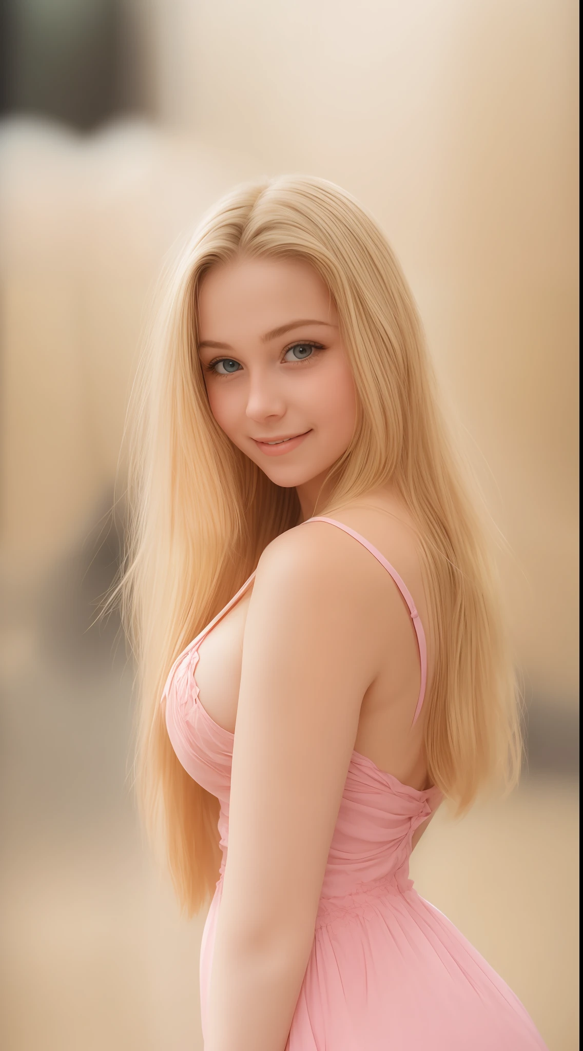 18 year old young woman with straight golden blonde hair and a delicate face, very young face, holding pink dress on all fours with big breasts, smiling