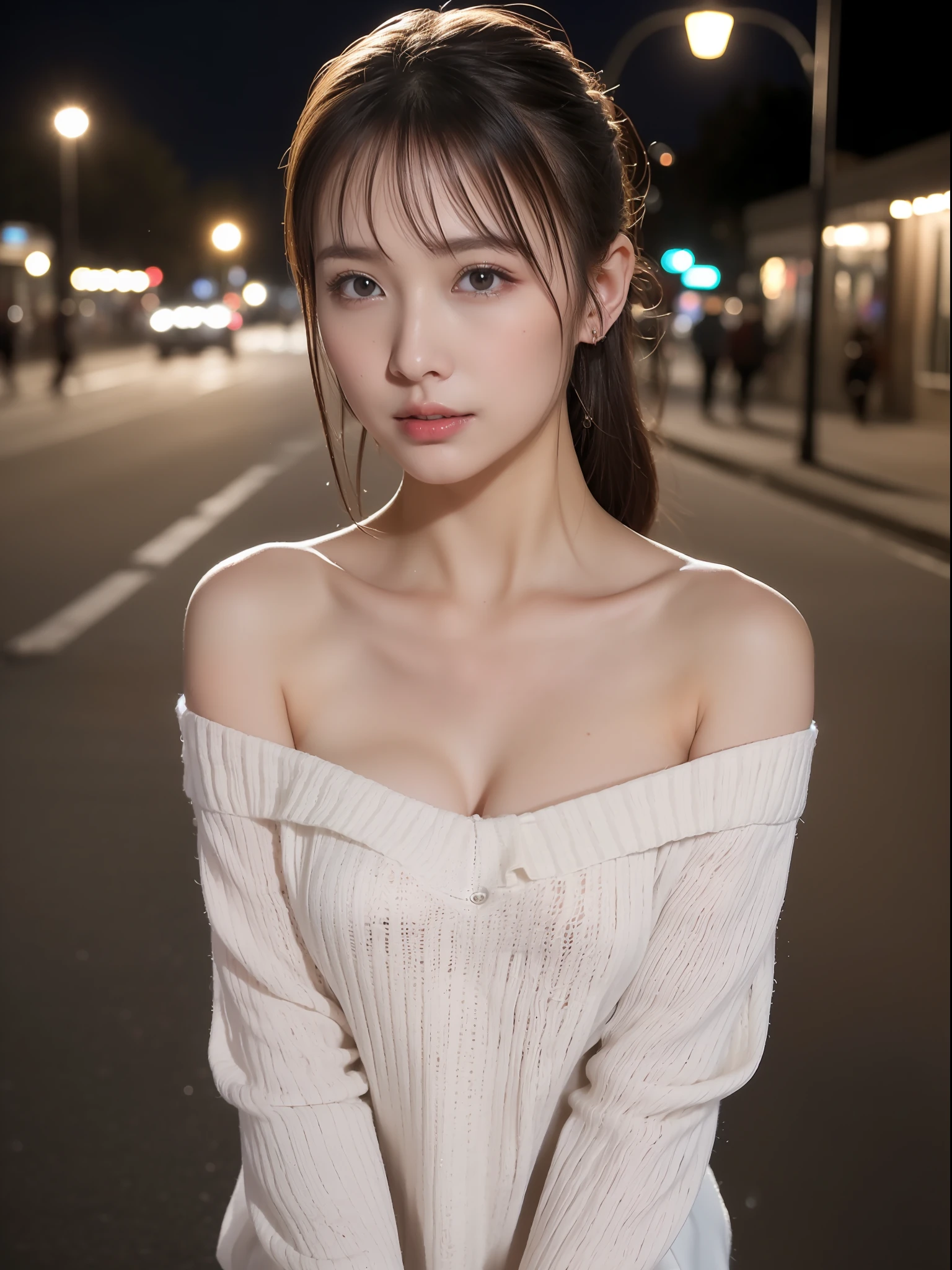 (8K、Raw photography、top-quality、masterpiece:1.2)、(realisitic、Photorealsitic:1.37)、ultra-detailliert、超A high resolution、1 fair-skinned girl、beautifull detailed face、nighttime scene、In the street、poneyTail、Knitted sweaters、bare shoulders、Clean arms、(glowing earrings)