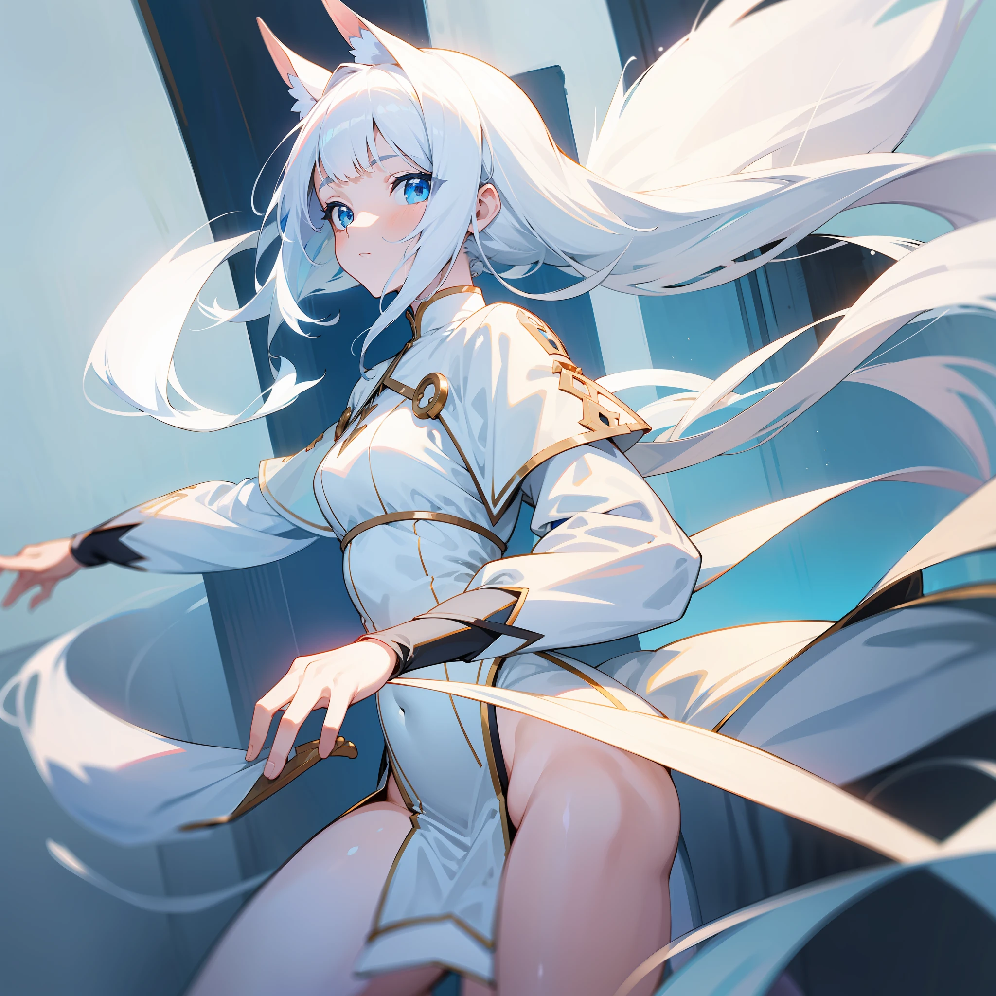White-colored skin,Manteau blanc,whaite hair,dual horsetail,blue color eyes,Overlooking,The upper part of the body,tmasterpiece