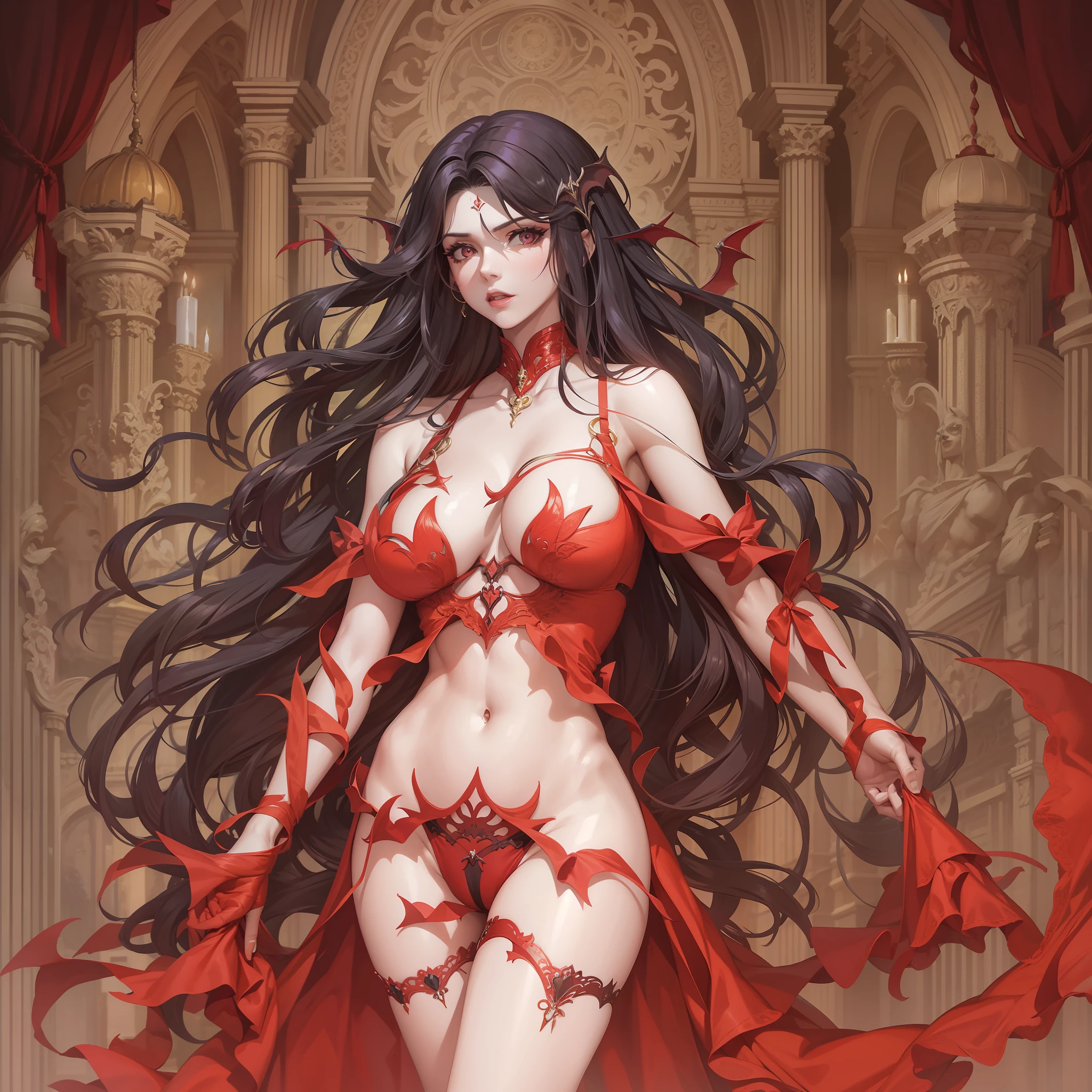 1 , succubus, Castlevania, cabelo vermelho, ruiva, asas de morcego, asas grandes, grandes asas de morcego Castlevania, 30 anos, espartilho preto, look of malice, olhar sensual, corpo exposto, mostrando o corpo, de costas, lingerie sensual, dinamic angle, 30 anos, corpo inteiro