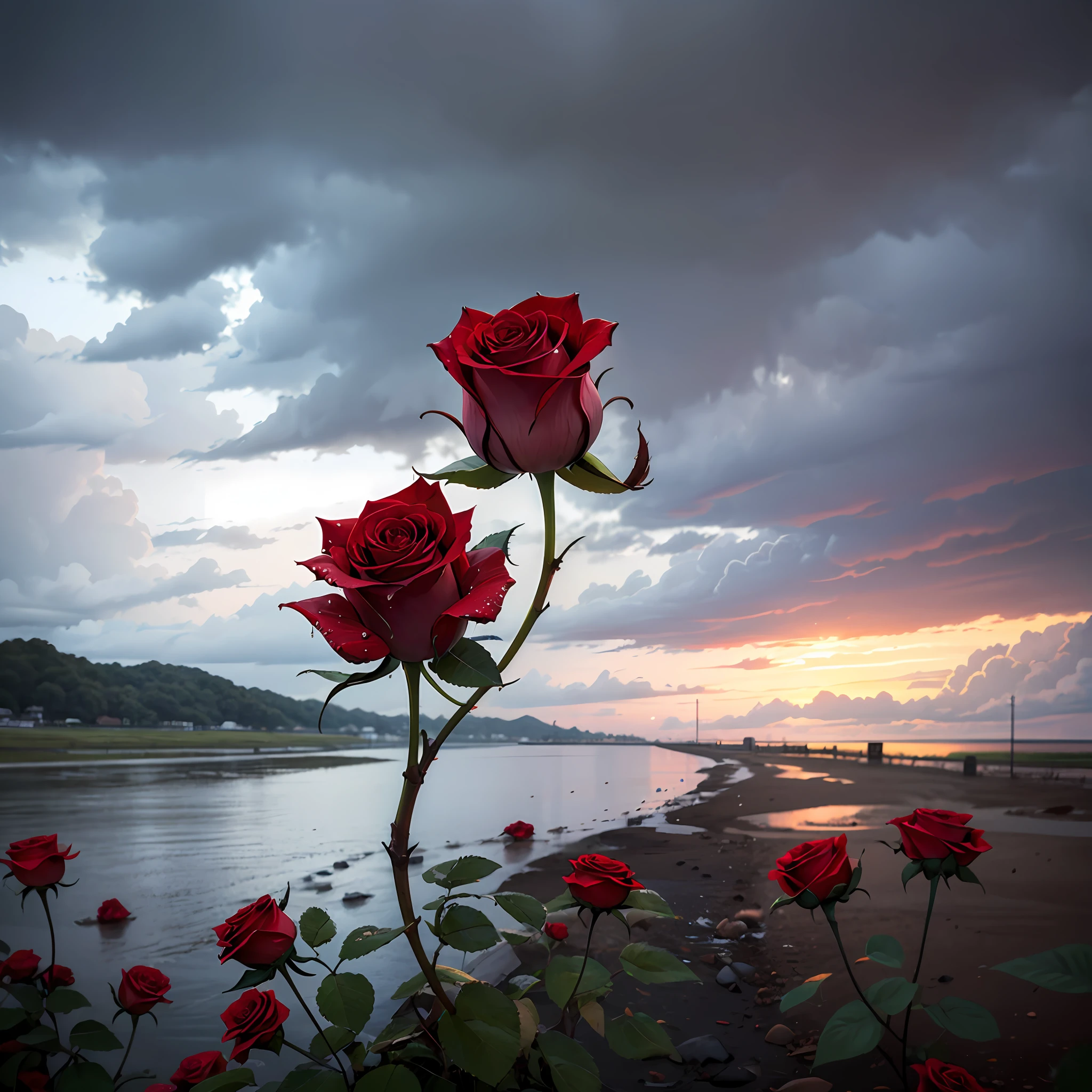 Uma rosa altamente detalhada, vermelha, com gotas de chuva escorrendo sobre ela. A lonely rose in the midst of the storm and nature. --auto