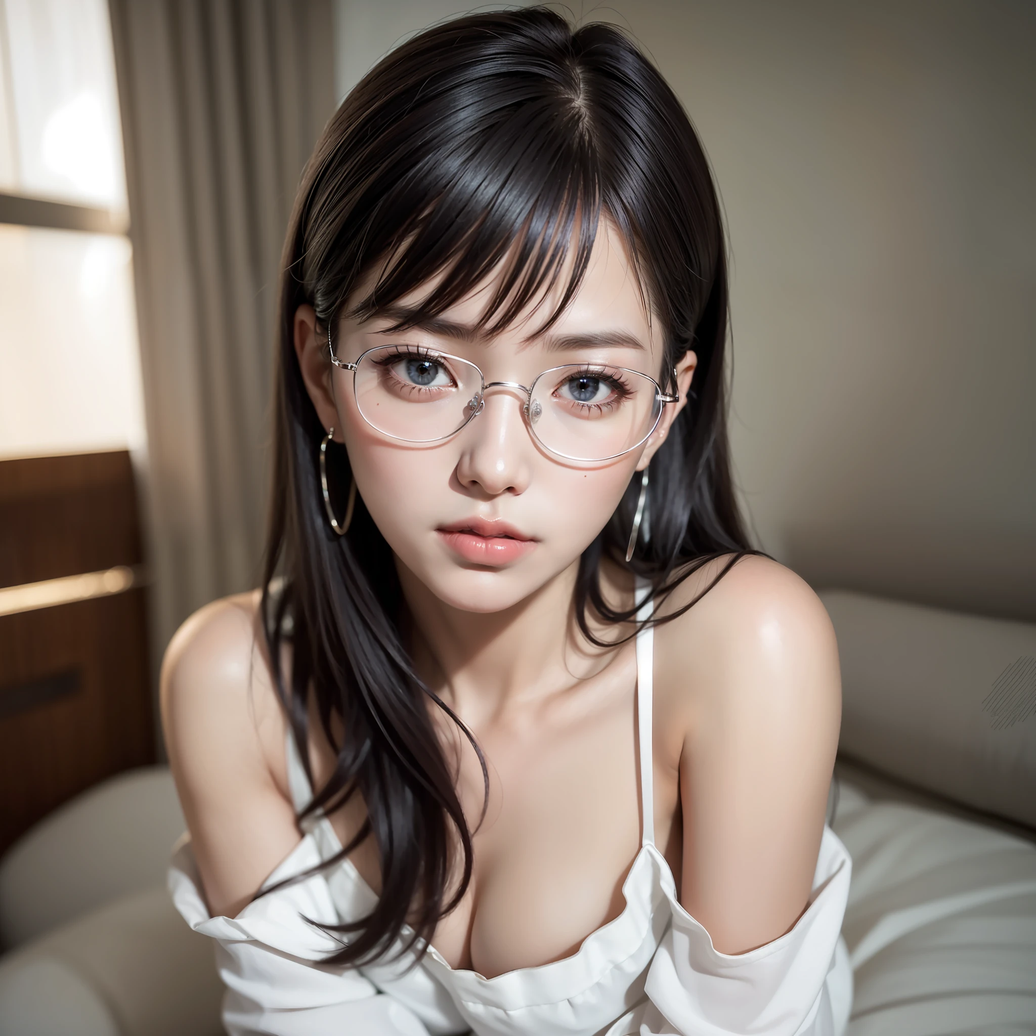 solo, high resolution, highest quality, super high quality, super detail, ultra realistic, photorealistic, super beautiful woman, sharp slit eyes, silver glasses, shoulder length straight black hair, alluring moist lips, mysterious, enchanting, great proportion, perfect proportion, slender, full body, bedroom