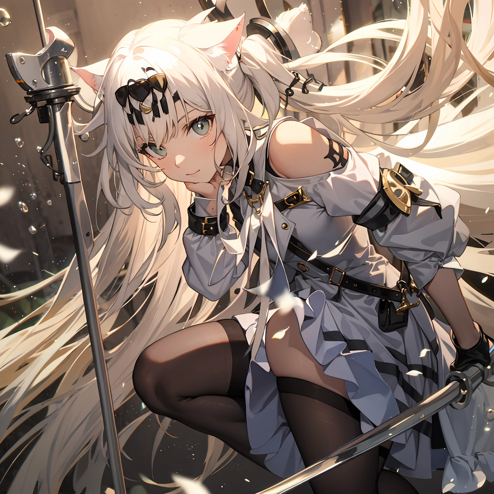 White haired cat lady short skirt black stockings