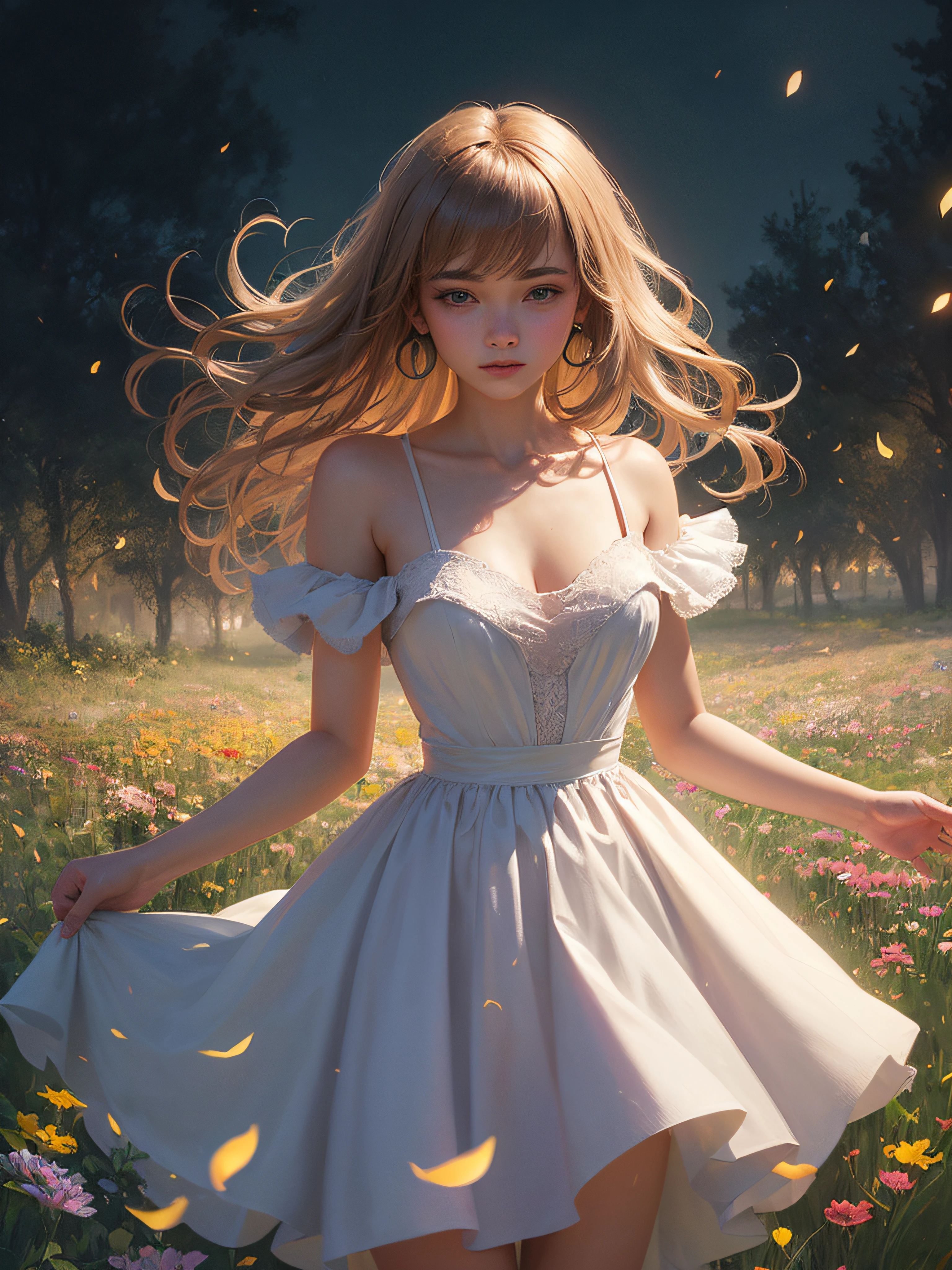 1girl, solo, full body, (masterpiece:1.21), (best quality:1.2), colorful, (illustration:1.2), (cinematic lighting:1.1), (bare shoulders:1.21), (collarbone:1.21)
In this whimsical and fantastical garden, the scene is illuminated by a rainbow of (colorful fireflies), dancing and fluttering in the air. The garden is decorated by a gentle (drizzle), creating a misty and ethereal atmosphere. In the center of the scene, there is a single girl, an extremely delicate and beautiful girl, with cute features and an innocent expression. Her long hair is flowing with the wind. She is wearing no shoulder straps dress, which is ultra low cut, highlighting her delicate curves.

The lighting is very delicate and beautiful, creating a soft and warm glow that highlights the water, making it sparkle like diamonds. The finest grass is also illuminated, creating a lush and verdant carpet. The garden is surrounded by colorful flower fields, with blooms of every color and shape. (Colorful butterflies), of every shade and size, can be seen fluttering around the scene, adding to the overall sense of wonder and magic. (look ai viewer),A blush can be seen on her nose, and her mouth is slightly open, adding to the overall sense of innocence and youthfulness. Falling petals can be seen floating around her, adding to the overall sense of romance and beauty. A gentle wind is blowing through the scene, making the leaves rustle and the flowers sway, adding to the overall sense of movement and life. This is a scene of pure wonder and magic, filled with color and beauty, where the viewer can lose themselves in the enchanting and captivating world.
