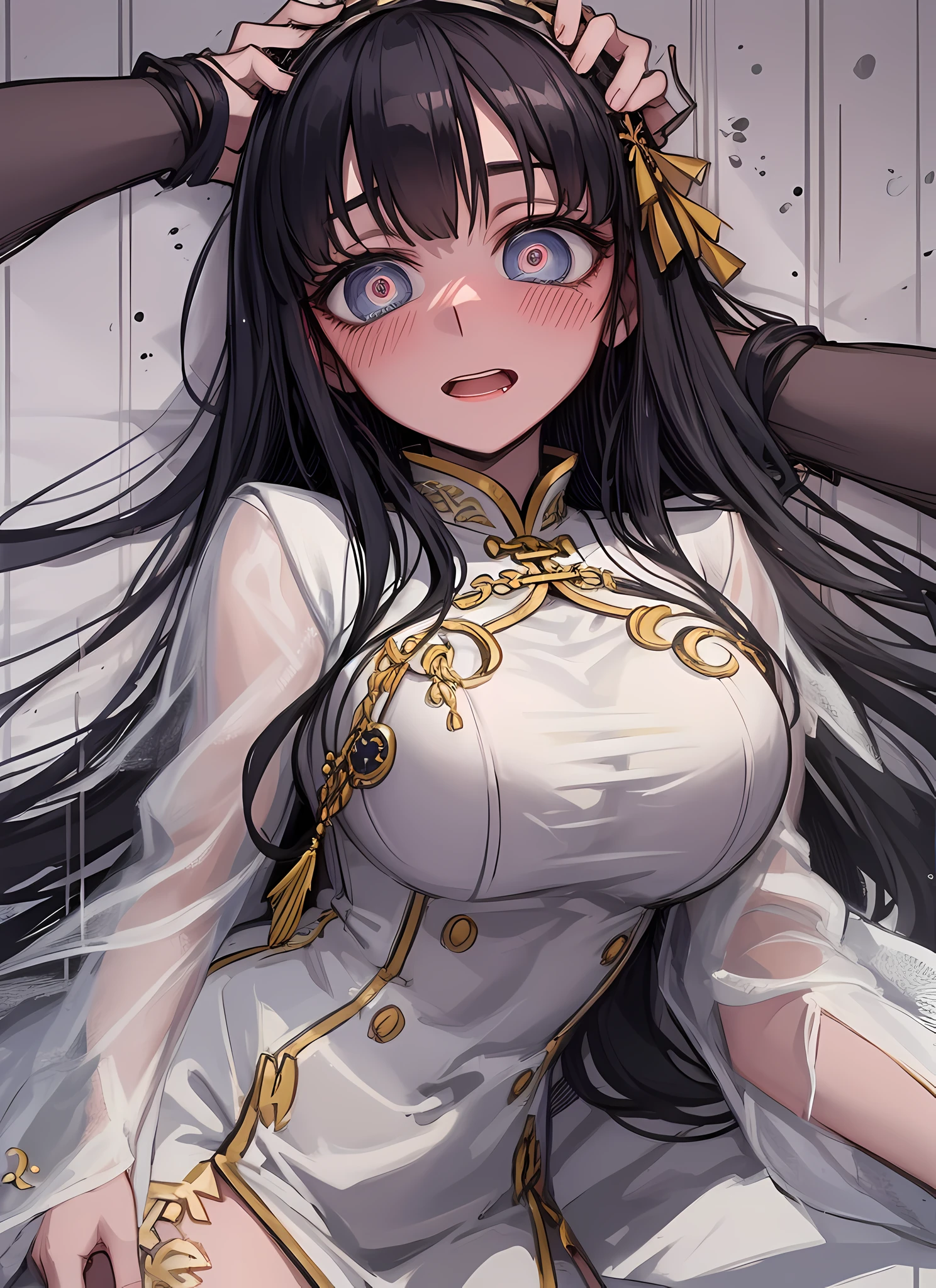 vietnamese, Ao dai, dark hair, dark pupils, love in eyes, blushing, shyness, drooling, rolling eyes, ao dai outfit, long sleeves, hands raised above the head, lying on bed, big breasts, leg rings, white liquid, binding, single