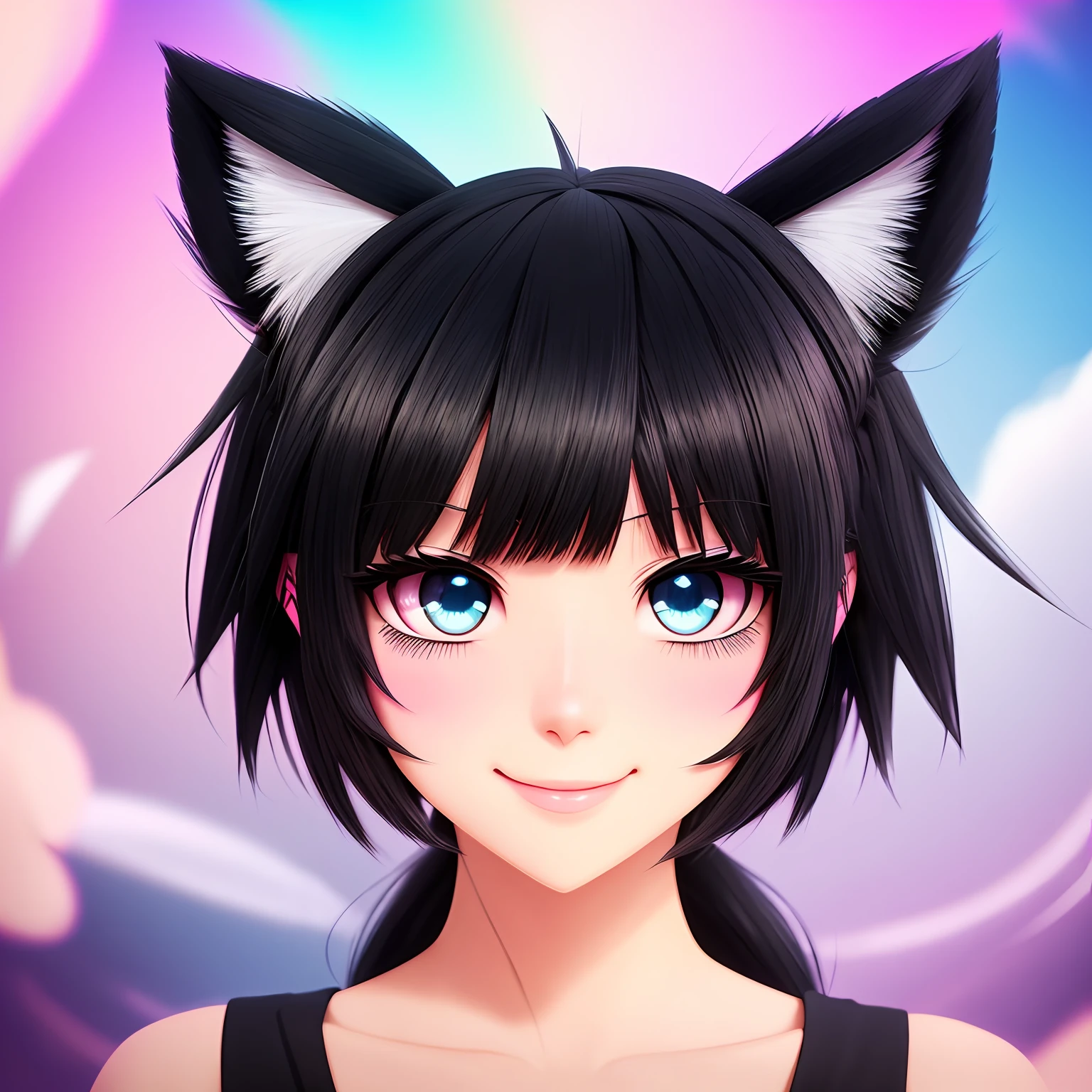 black hair, hair bobbles, wince, longeyelashes, solid circle eyes, fake animal ears, light smile, ear blush, fang, Surrealism, drop shadow, anaglyph, stereogram, tachi-e, pov, atmospheric perspective, 8k, super detail, ccurate, best quality --auto