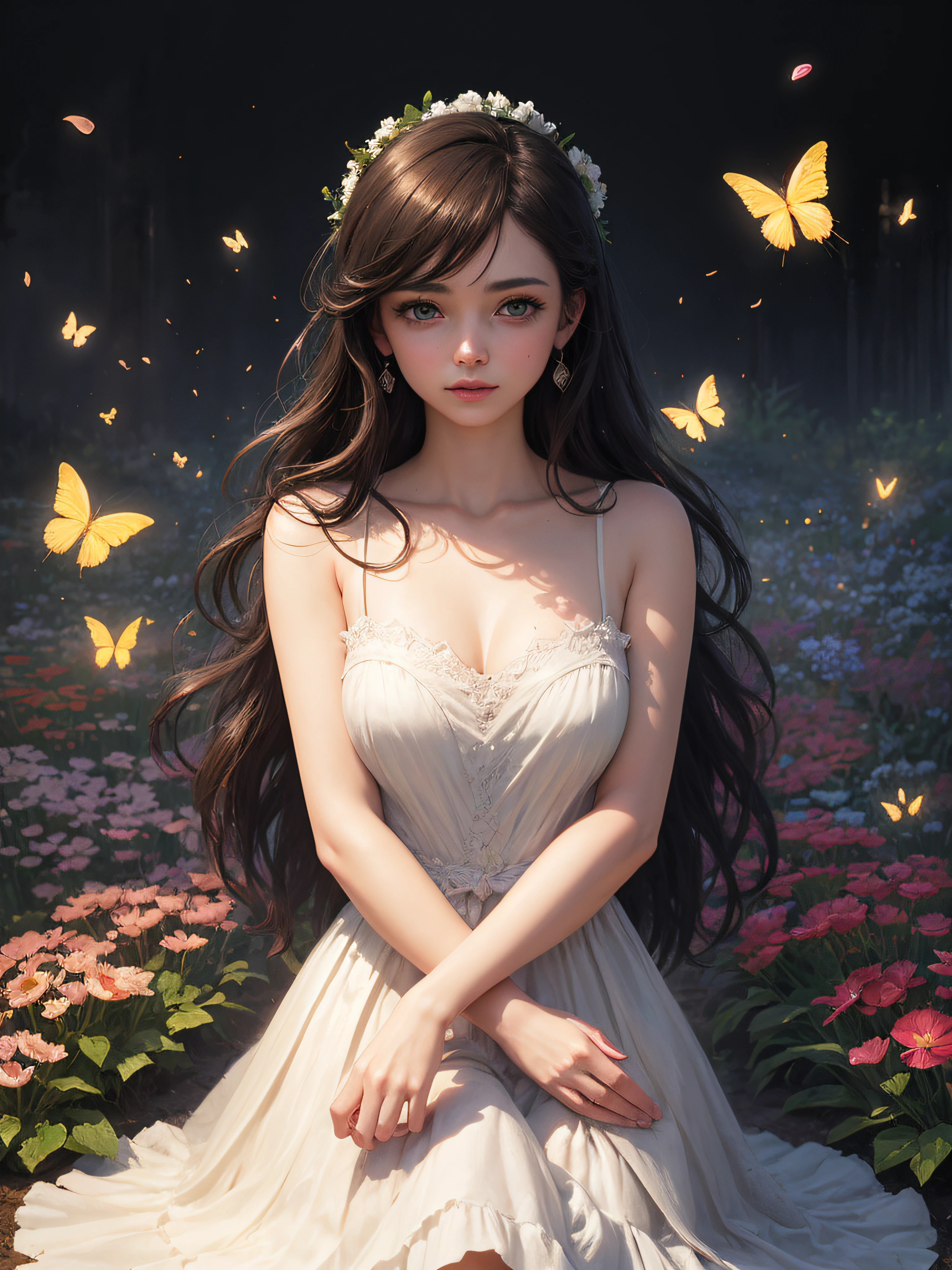 1girl, solo, full body, (masterpiece:1.21), (best quality:1.2), colorful, (illustration:1.2), (cinematic lighting:1.1), ( shoulders:1.21), (collarbone:1.21)
In this whimsical and fantastical garden, the scene is illuminated by a rainbow of (colorful fireflies), dancing and fluttering in the air. The garden is decorated by a gentle (drizzle), creating a misty and ethereal atmosphere. In the center of the scene, there is a single girl, an extremely delicate and beautiful girl, with cute features and an innocent expression. Her long hair is flowing with the wind. She is wearing no shoulder straps dress, which is ultra low cut, highlighting her delicate curves.

The lighting is very delicate and beautiful, creating a soft and warm glow that highlights the water, making it sparkle like diamonds. The finest grass is also illuminated, creating a lush and verdant carpet. The garden is surrounded by colorful flower fields, with blooms of every color and shape. (Colorful butterflies), of every shade and size, can be seen fluttering around the scene, adding to the overall sense of wonder and magic. (look ai viewer),A blush can be seen on her nose, and her mouth is slightly open, adding to the overall sense of innocence and youthfulness. Falling petals can be seen floating around her, adding to the overall sense of romance and beauty. A gentle wind is blowing through the scene, making the leaves rustle and the flowers sway, adding to the overall sense of movement and life. This is a scene of pure wonder and magic, filled with color and beauty, where the viewer can lose themselves in the enchanting and captivating world.