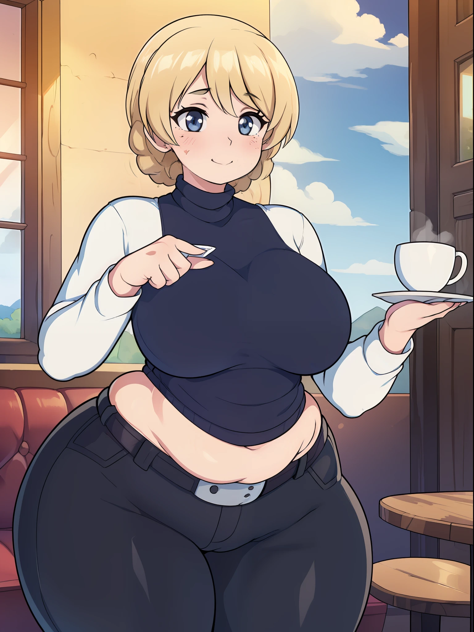 (((kipteitei art))), ((masterpiece)), (((best quality))), ((ultra-detailed)), (((illustration))), detailed face, ultra cute face, detailed body, ((1girl)), ((solo)), girls und panzer, blonde hair, Darjeeling, (dark blue turtle neck sweater), black pants, belt, taut clothes, (tight pants), medium breasts, (pudgy), soft belly, (wide hips), (((thick thighs))), (cafe), on date with viewer, looking at viewer, cowboy shot, cute pose, blush, soft smile, affectionate, flirting, happy, cloudy day,