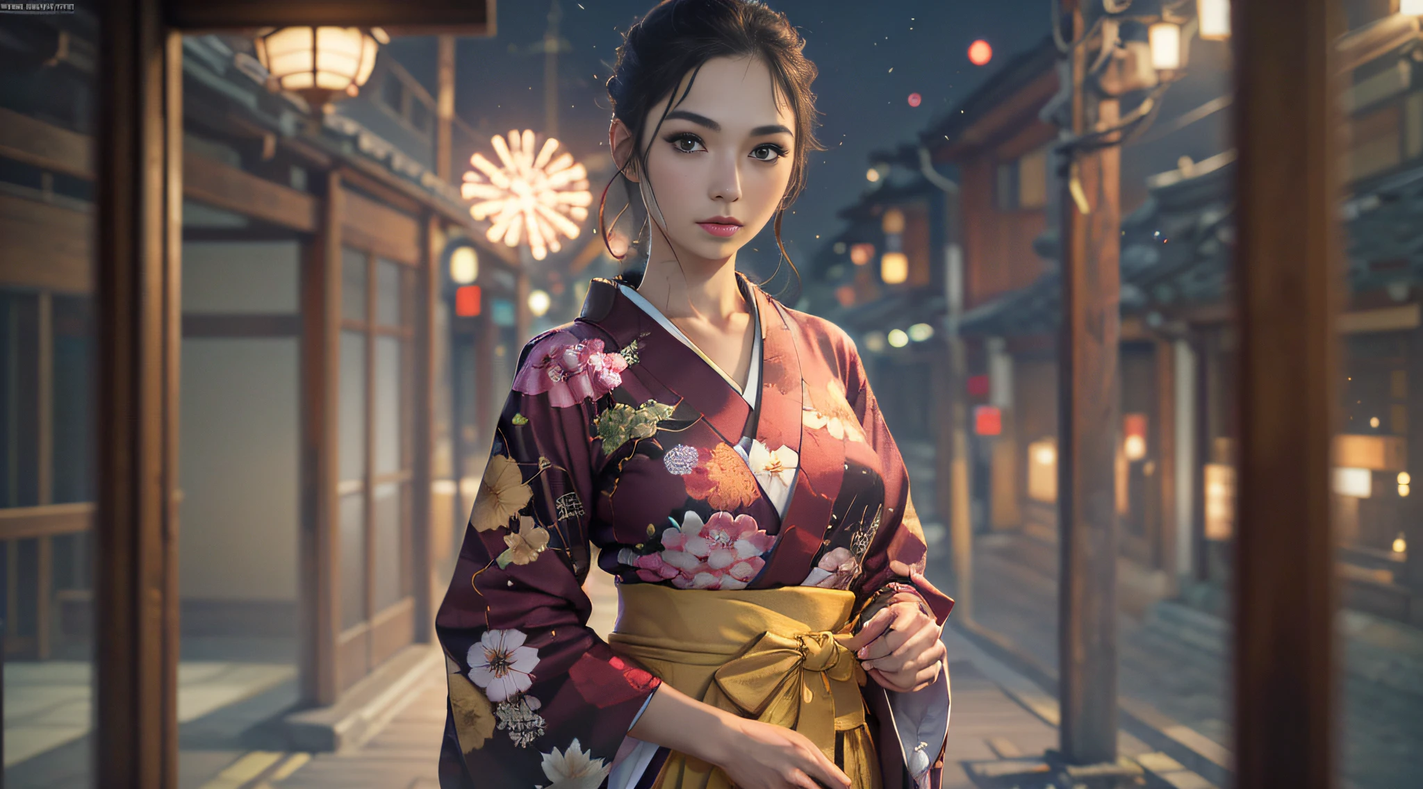 ((Top resolution、8k wallpaper:、​masterpiece、Ultra Hi-Res)),１adult lady、Kimono、Fireworks Festival、Upper body focus、ryokan、kyoto