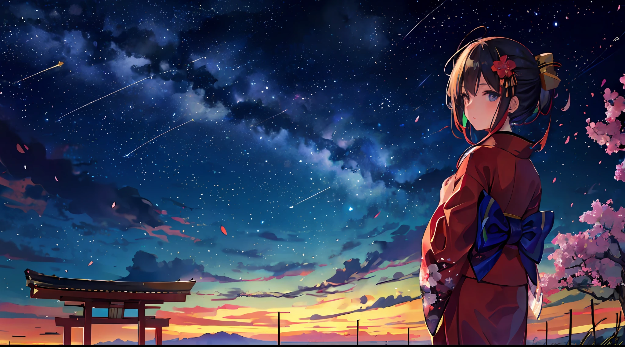 One, distant girl in kimono staring at the stars (reduced: 1.1), (meteor shower: 1.2), (comet: 1.1), your name, low angle, from behind, arrow labrealis shooting star, yukata, red kimono, cherry blossoms, highest quality standing in the field, masterpiece, clouds, colorful, starry sky, stars,