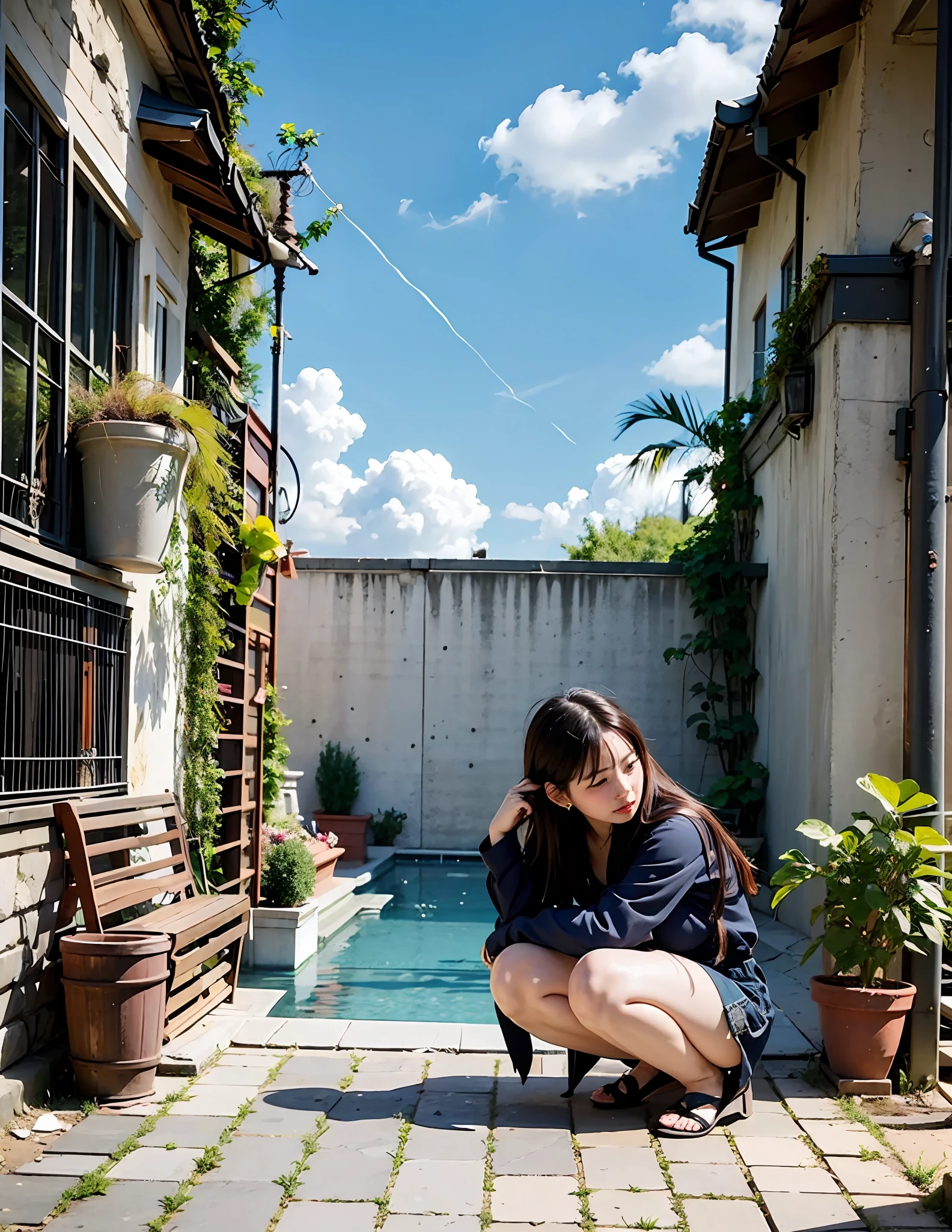 ridiculously gigantic breasts、masterpiece、Top image quality、Mid summer、swimming pools、Beautuful Women、独奏、POV、crouching down、