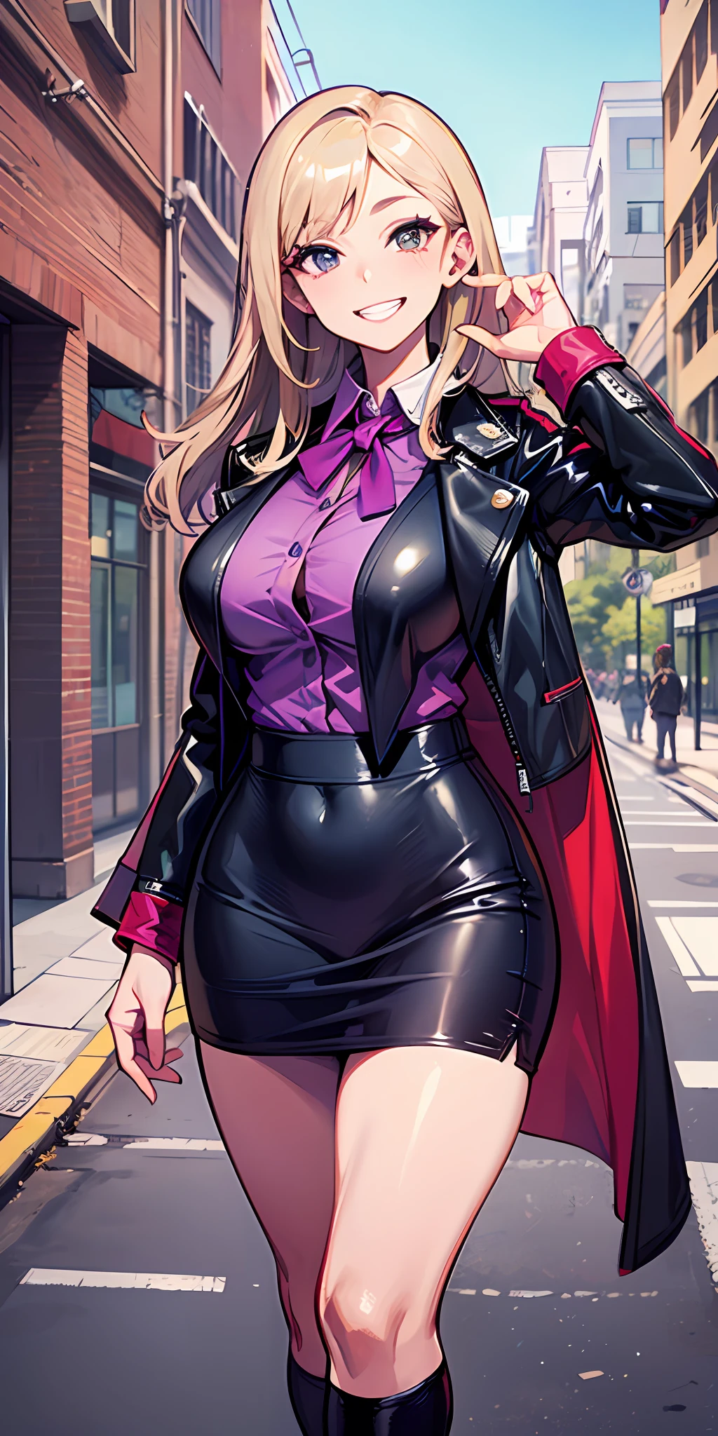 (Masterpiece: 1.6, Best Quality), (Fine and Beautiful Eyes: 1.2), (Overhead), High Quality, Beautiful Face, 1girl, Leather Tight Skirt, Extra Large Leather Jacket, Big Tits, Long Hair, Wide Hips, (Landscaped), Street, Background, Detail Background, Spooky Grin, Angled Laughter at the Corners of Mouth, Long Coat, Shirt, Tie, Office Lady, Mature