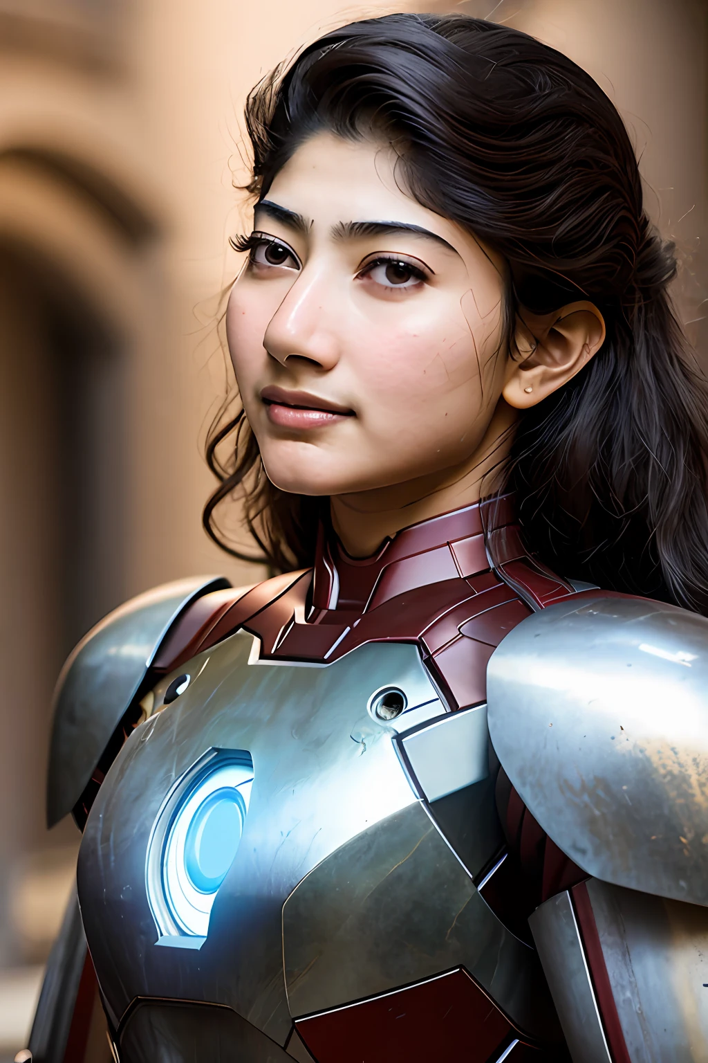 portrait photo, kryst3n, (sharp focus:1.2), attractive young woman Sai Pallavi(beautiful face:1.1), detailed eyes, luscious lips, (smokey eye makeup:0.85), she is wearing (iron man mark II armor)suit, in a (courtyard:1.1). (moody lighting:1.2), depth of field, bokeh, 4K, HDR.