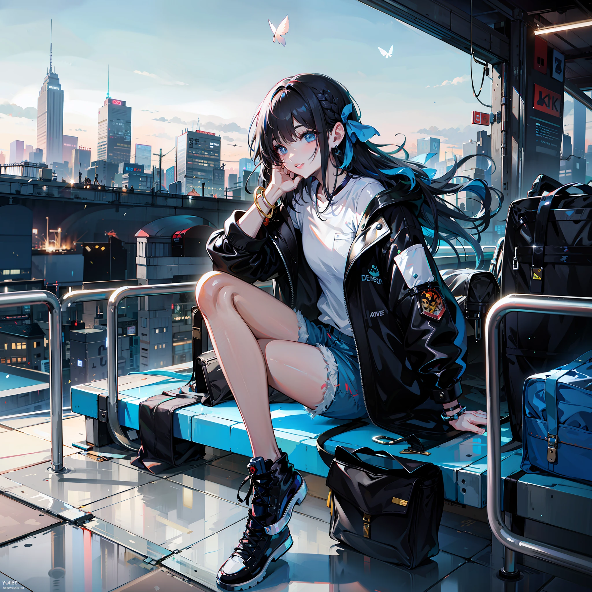 anime girl sitting on a bench with luggage in front of a city skyline, style of anime4 K, cyberpunk anime girl, 4K anime wallpaper, Anime art wallpaper 8 K, By Yuumei, Digital cyberpunk anime art, trending on cgstation, Anime style mixed with Fujifilm, Anime art wallpaper 4k, Anime art wallpaper 4 K, Anime wallpaper 4k