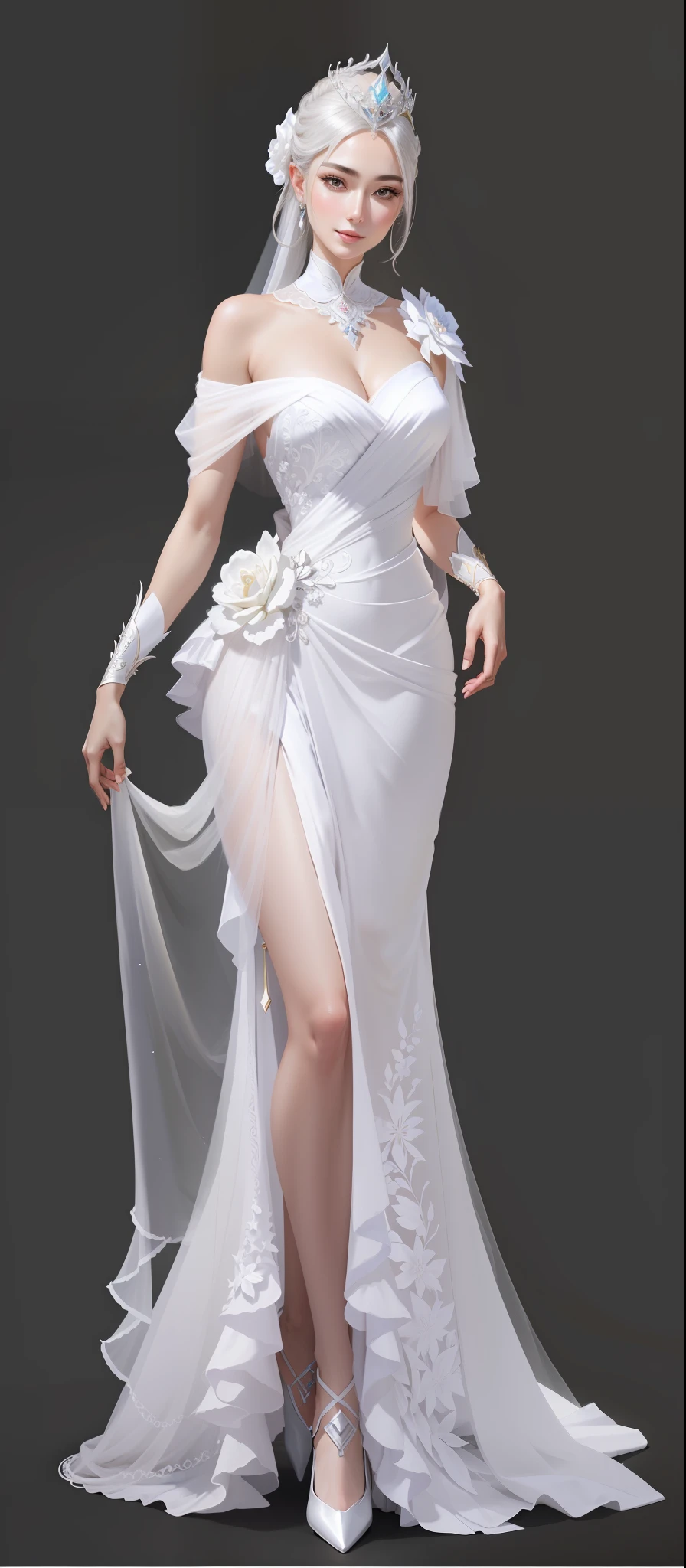 a close up of a woman in a white dress with a veil, digital art of an elegant, full-body xianxia, elegant glamor pose, render of april, ancient white dress, elegant lady with alabaster skin, ((a beautiful fantasy empress)), royal elegant pose, elegant smiling pose, full body detailing, White dress!! of silver hair, high res render