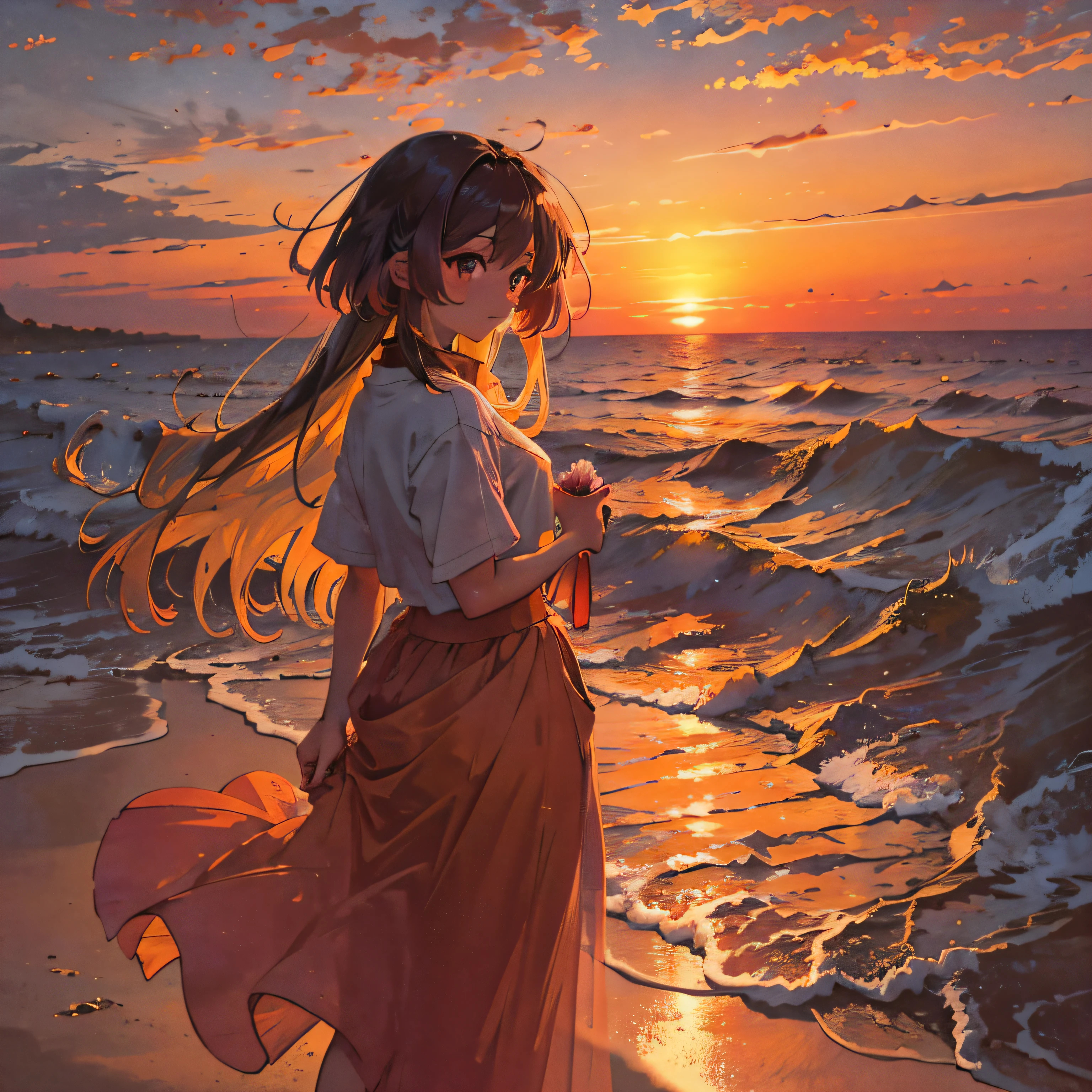 There was a woman looking out to sea, With sunset, with a sunset, ulzzangs, girl watching sunset, ((Sunset)), sun yunjoo, at beach at sunset, watching the sunset, at a beautiful sunset, hot with shining sun, In the sunset, Kim Do-young, Sunset photo, Sunset light, soft sunset lighting --auto