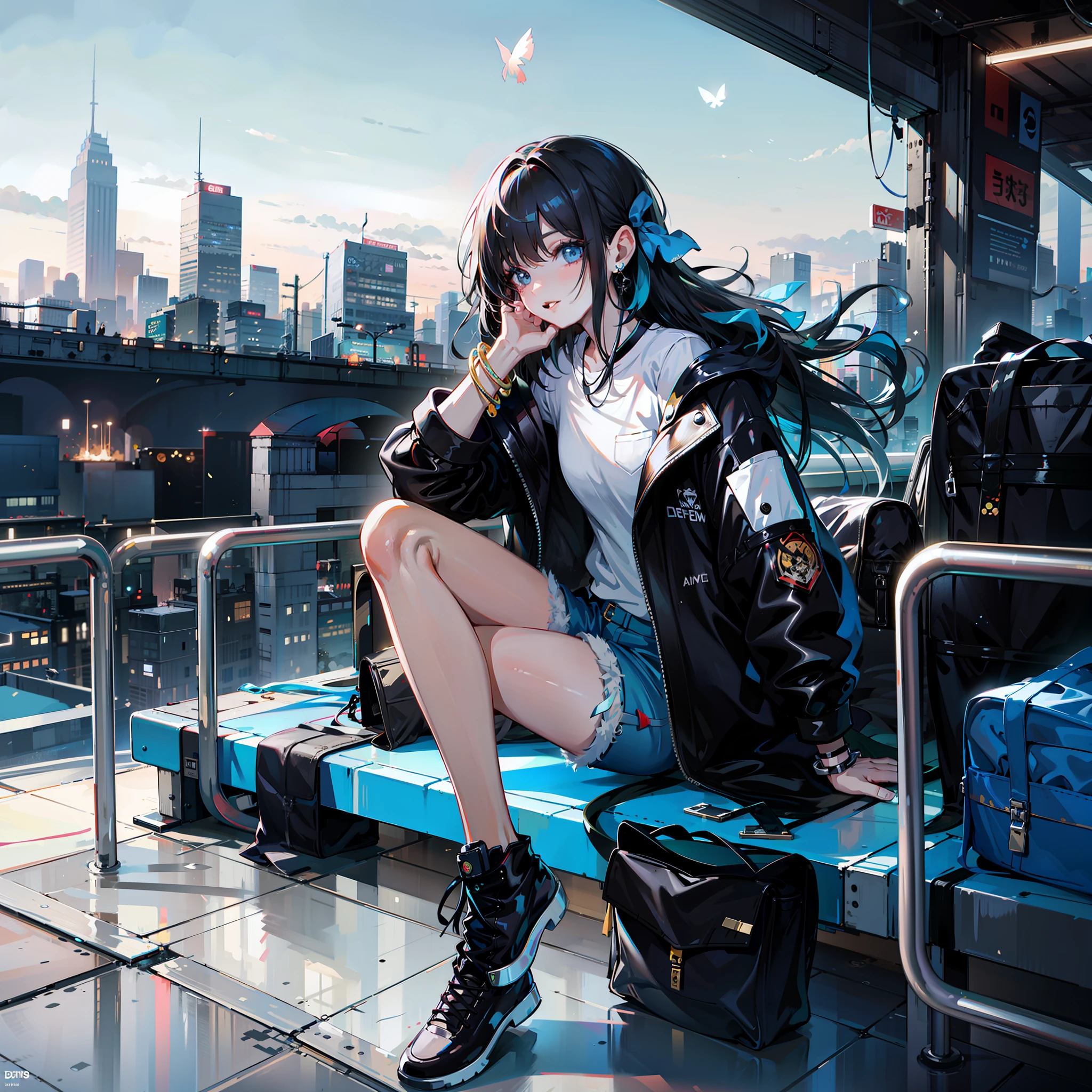 anime girl sitting on a bench with luggage in front of a city skyline, style of anime4 K, cyberpunk anime girl, 4K anime wallpaper, Anime art wallpaper 8 K, By Yuumei, Digital cyberpunk anime art, trending on cgstation, Anime style mixed with Fujifilm, Anime art wallpaper 4k, Anime art wallpaper 4 K, Anime wallpaper 4k