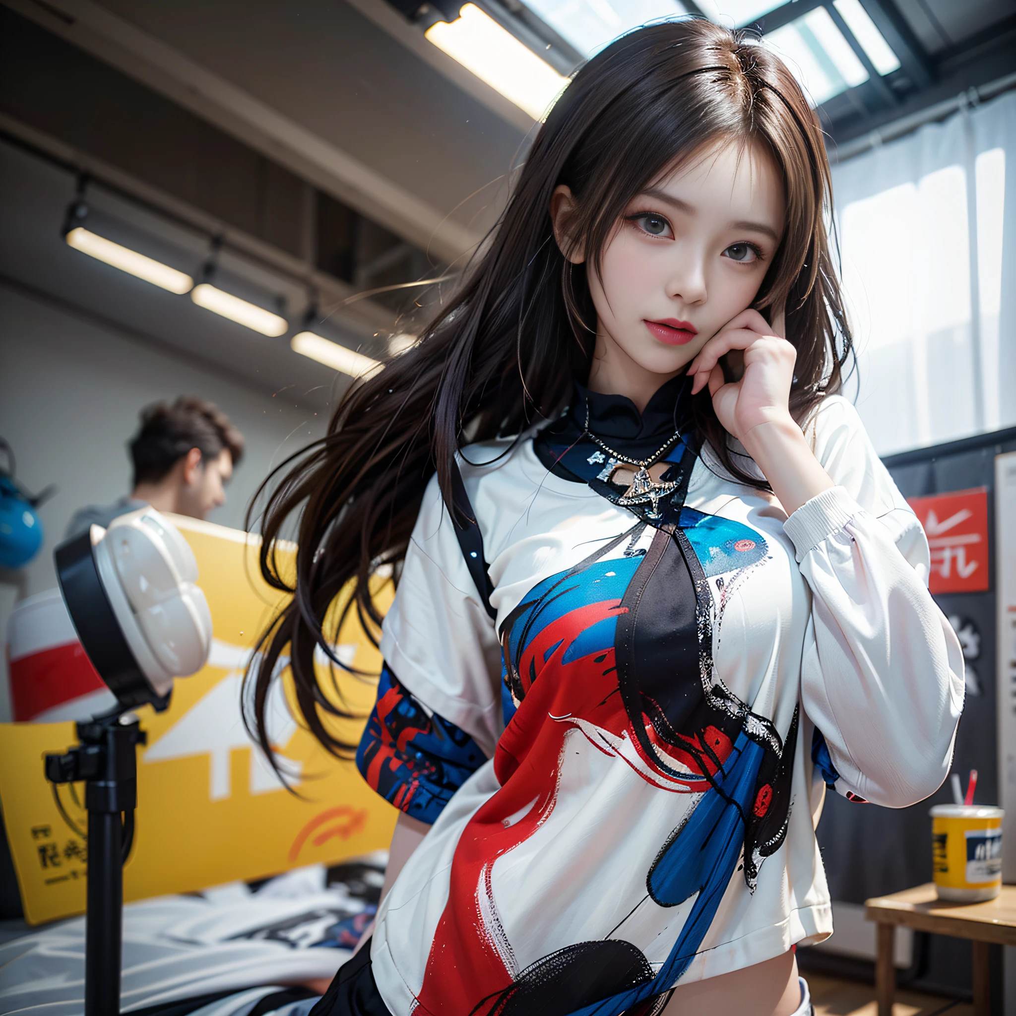 Realistis，tmasterpiece，Best quality at best，best qualtiy，超高分辨率，（Realiy感），（Detailed eyes：1.4），（Realiy，Realiy感：1.4），Perfect lighting，Vibrant and energetic photos，vibrant with colors. The female model is completely covered in multi-colored paint, Create a color decomposition. She poses in action, Paint splashes froze in the air around her. She had very few clothes, Focus on paint. Her hairstyle is stylish and bold. In the background is a white studio，The model has enough space to move freely. The camera angle is slightly raised, Capture the dynamic motion of the model. ISO 400, Shutter speed 1/500, Focal length 50mm, Moderate depth of field. This photo was taken under bright and even studio lighting.