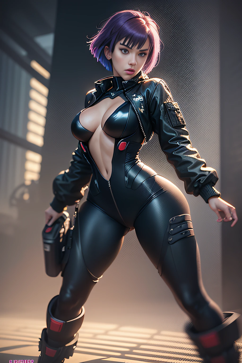 (Motoko Kusanagi as Jessica Alba.Sporty woman with short purple hair. She is wearing a (Big)) Futuristic sand-colored Japanese army jacket made of dense material. Black leggings and military boots) (movie footage ((Ghost in the Shell)) If it was filmed by director James Cameron in 1996 )) ((Casual clothing and image details correspond to the original manga.)) a 3D render, rendering by octane, intricately details, Cinematic, Background farmers market style James Cameron, trending on artstationh, isometry, Realistic shotgun, Centered hipereallistic cover photo, Awesome full color, handpainted, Dark, grittiness, Mucha, Klimt, erte 12k, High definition, Cinematic, neoprene, behance contest winner, portrait featured on unsplash, Stylized digital art, smooth, hyper HD, 8K, Unreal Engine 5, super sharp focus, masterpiece of intricate artwork, has cleavage
