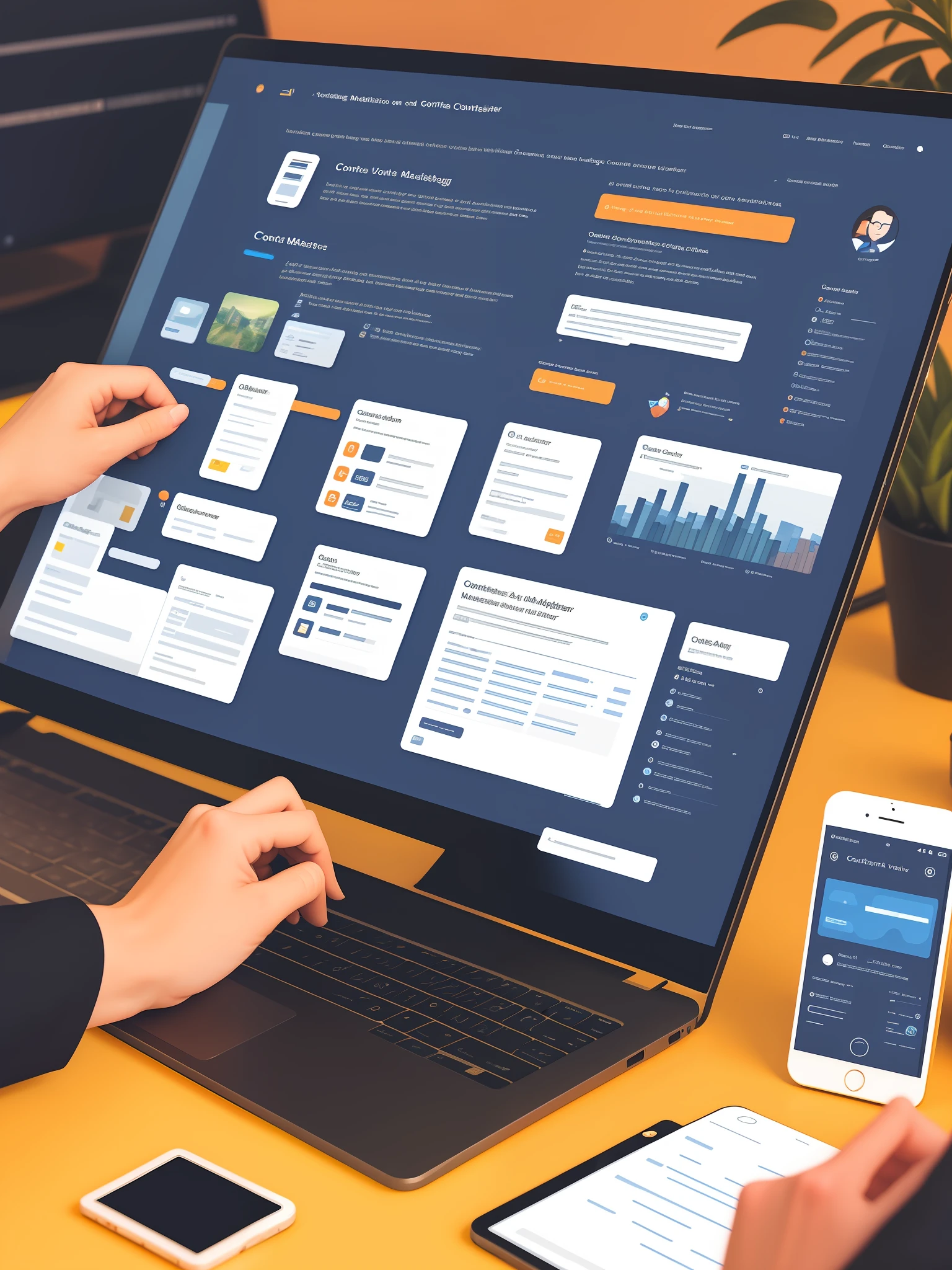 Visualize a virtual assistant supporting a digital marketer in content creation, curation, and distribution across various online platforms