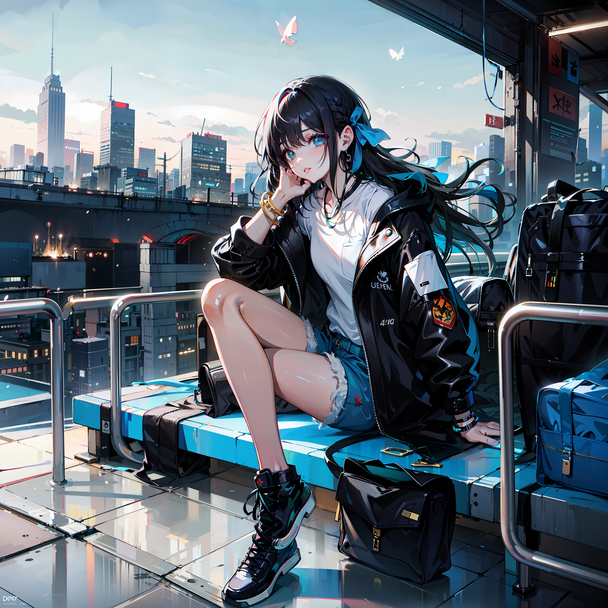 anime girl sitting on a bench with luggage in front of a city skyline, style of anime4 K, cyberpunk anime girl, 4K anime wallpaper, Anime art wallpaper 8 K, By Yuumei, Digital cyberpunk anime art, trending on cgstation, Anime style mixed with Fujifilm, Anime art wallpaper 4k, Anime art wallpaper 4 K, Anime wallpaper 4k
