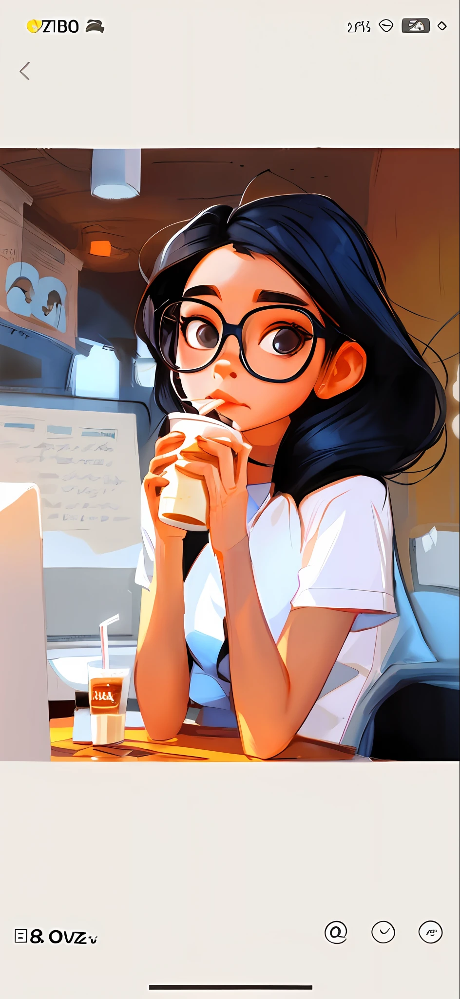 Cartoon girl with glasses sitting at a table with milk tea, Digital art Ilya Kuvhinov, Guviz-style artwork, Artgerm and Atey Ghailan, ilya kuvshinov with long hair, Realistic cute girl painting, Ilya Kuvshinov style, author：Ilya Kuvshinov sty, art-style : Ilya Kuvshinov