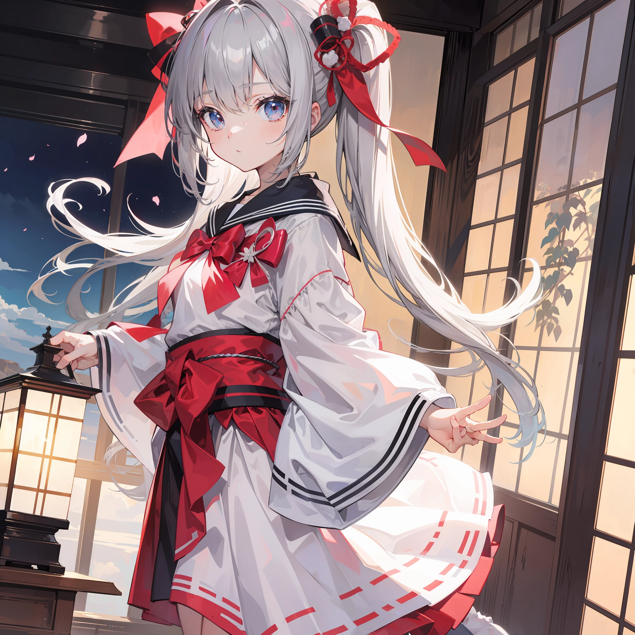 the anime, ite girl, gray hair, hair ribbon, tail on the side, sailor's dress, general, Japan