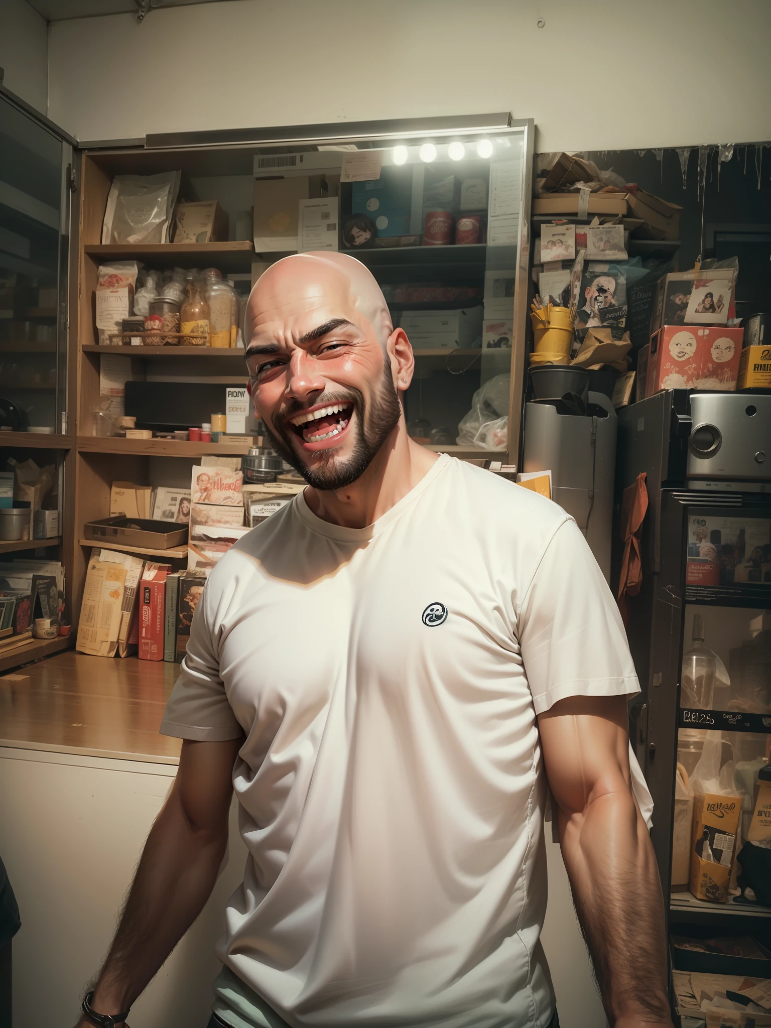 Bald man, laughing loudly, dark beard, attitude face , realistic face