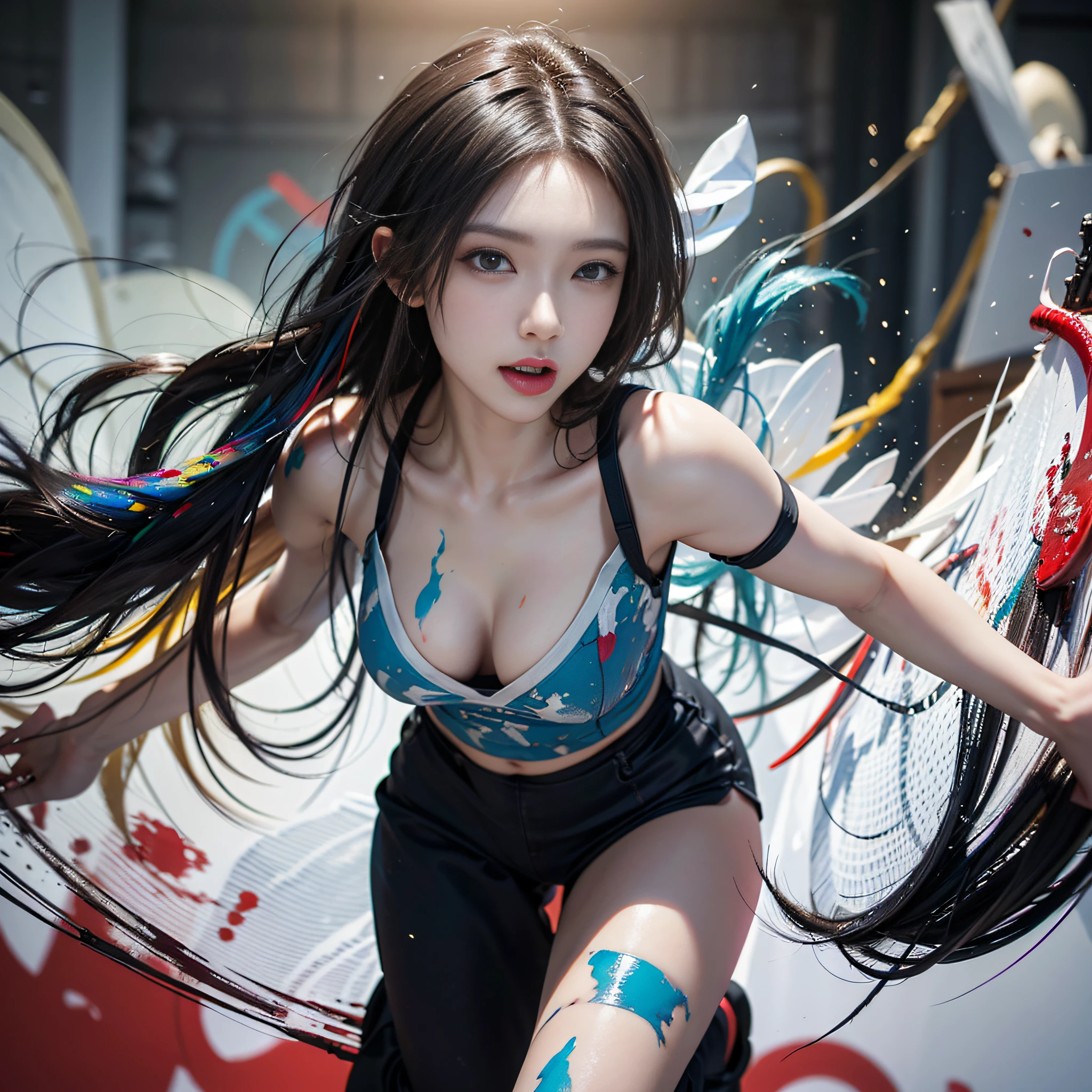 Realistis，tmasterpiece，Best quality at best，best qualtiy，超高分辨率，（Realiy感），（Detailed eyes：1.4），（Realiy，Realiy感：1.4），Perfect lighting，Vibrant and energetic photos，vibrant with colors. The female model is completely covered in multi-colored paint, Create a color explosion. She poses in action, Paint splashes froze in the air around her. She had very few clothes, Put paint in focus. Her hair style is stylish and bold. The setting is a white studio，There is plenty of space for the model to move freely. The camera angle is slightly raised, Capture the dynamic motion of the model. ISO 400, Shutter speed 1/500, Focal length 50mm, Moderate depth of field. Images were taken under bright and uniform studio lighting.