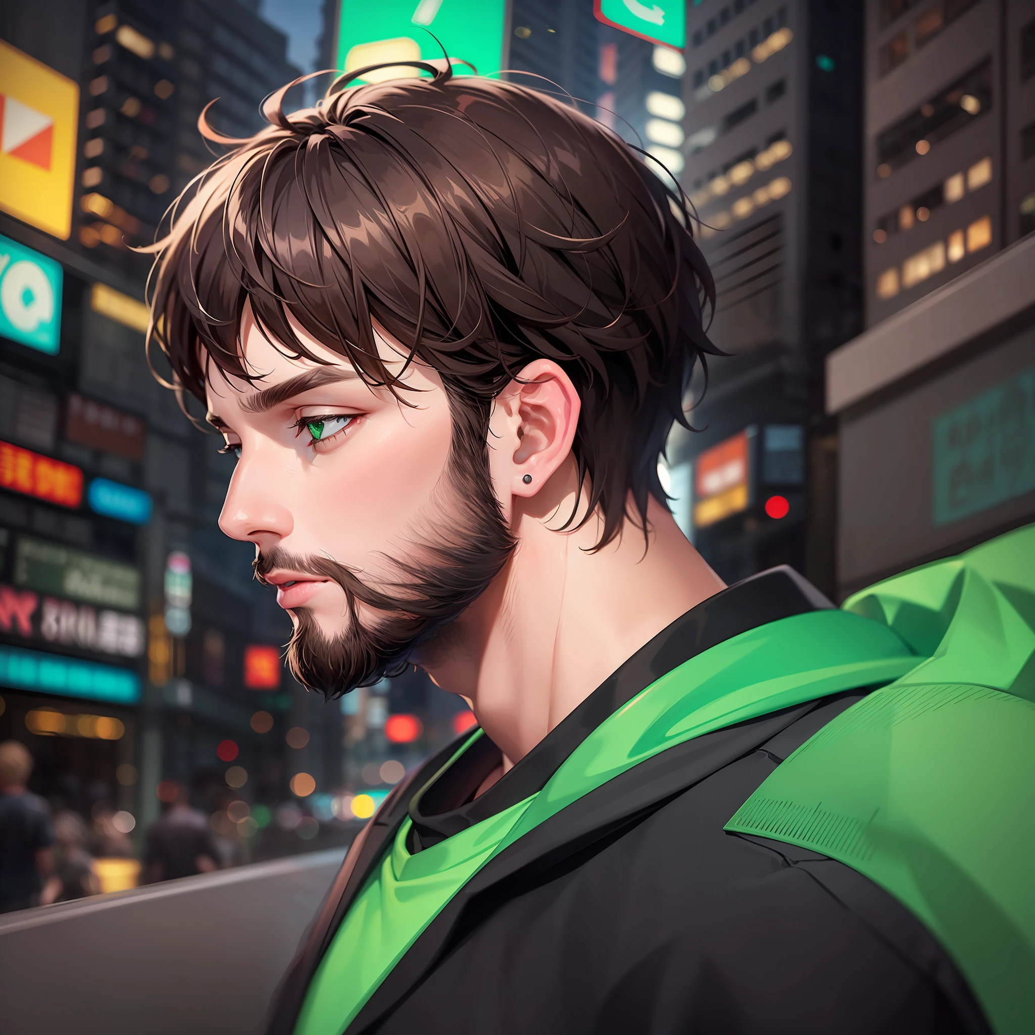 Adult man with beard and dark brown hair, black sweatshirt with green details, in a city with green neon lights.