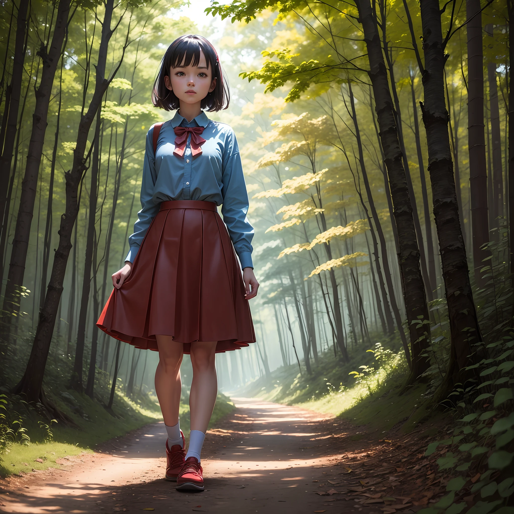 bit girl，Red skirt，blue shoes，forest backgrou，Forest path，k hd --auto