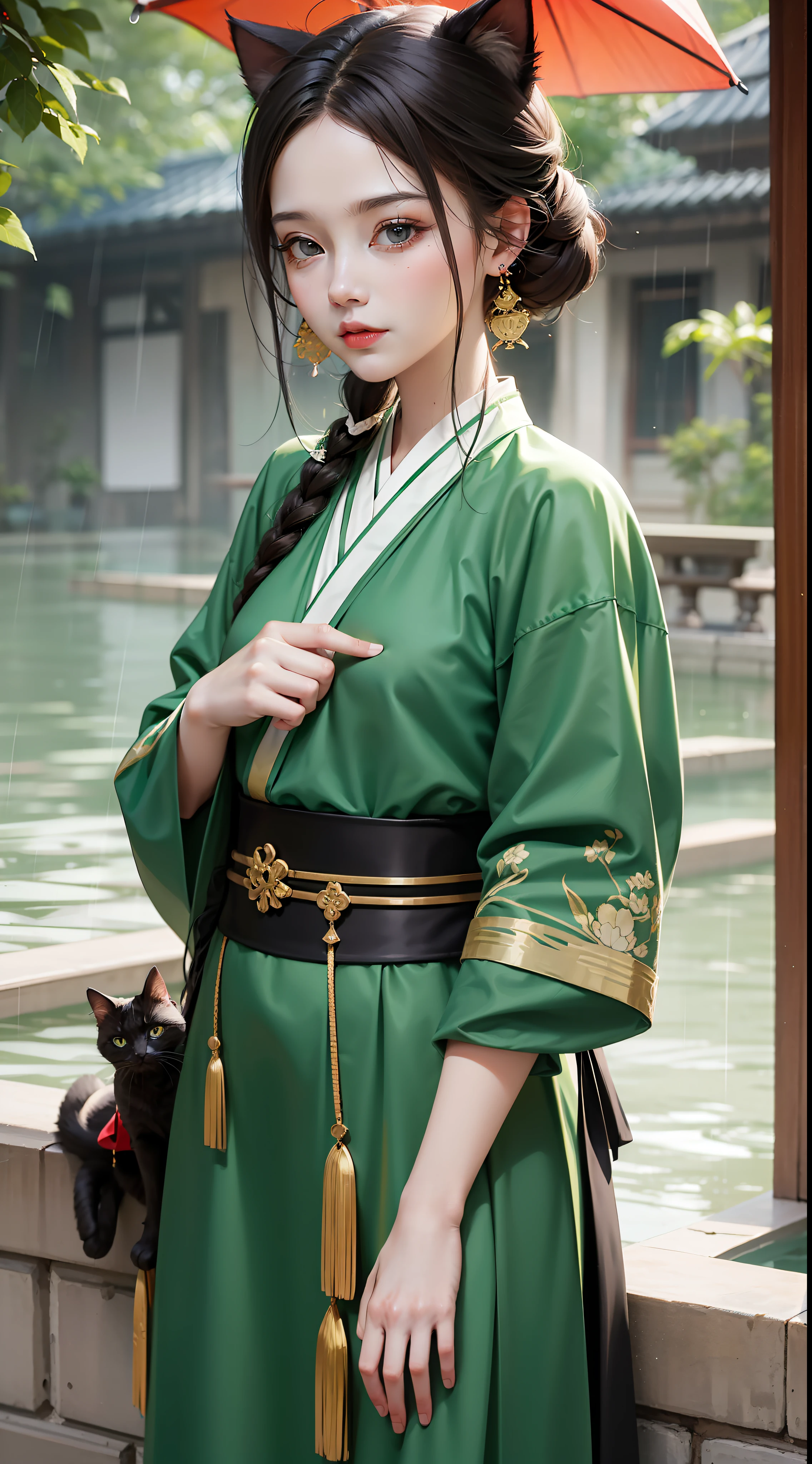 Princess of the Great Tang,Green Hanfu,the Tang Dynasty,Rainy days, cats