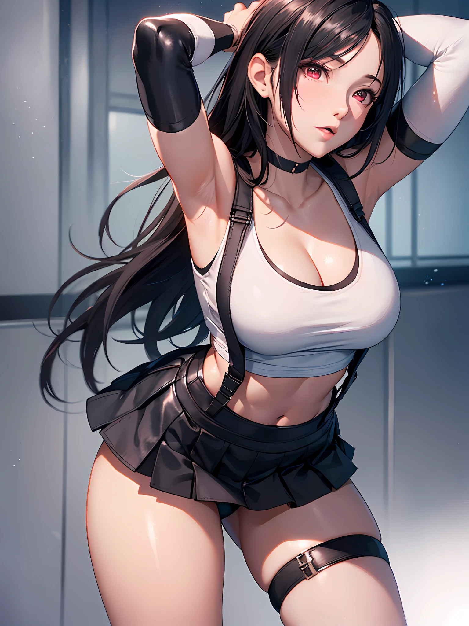 8k,masterpiece, bset quality,big, (1 girl), tifa lockhart, red_eyes, black hair, long hair, professional lighting, (shiny skin: 1.2), shiny big, ((best quality)), sharp focus: 1.2, highly detailed face and skin texture, detailed eyes, perfect face, perfect body, blur art, cg, background, Big breasts, presence (20yo, mature cool and beautiful face), wearing ((suspender black skirt), black elbow gloves, white taut shirt, thigh, white tank top), blush, (mittgal), random pose, top view,