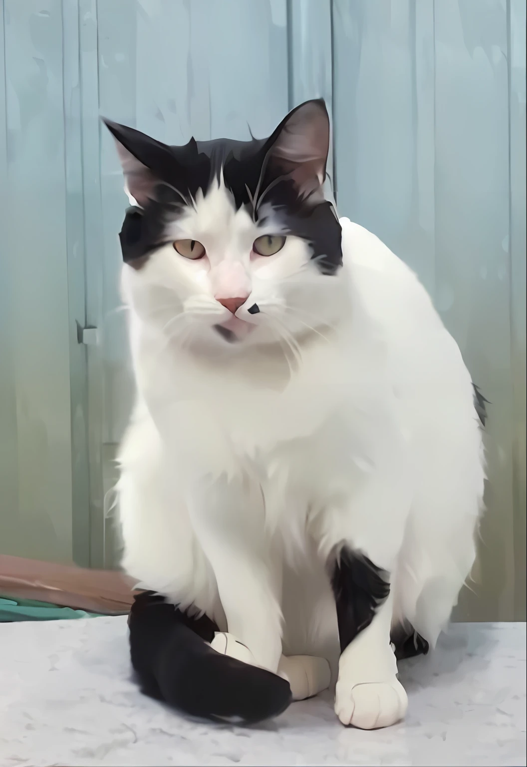 There was a black and white cat on the table, Black and white cat, beautiful picture of stray, photo of a cat, cute furry needs your help, A handsome, Very handsome, Extremely handsome, cat female with a whit and chest, A cat, tommy 1 6 years old, tuxedo cat, a cat is smiling, mixture animal, male emaciated