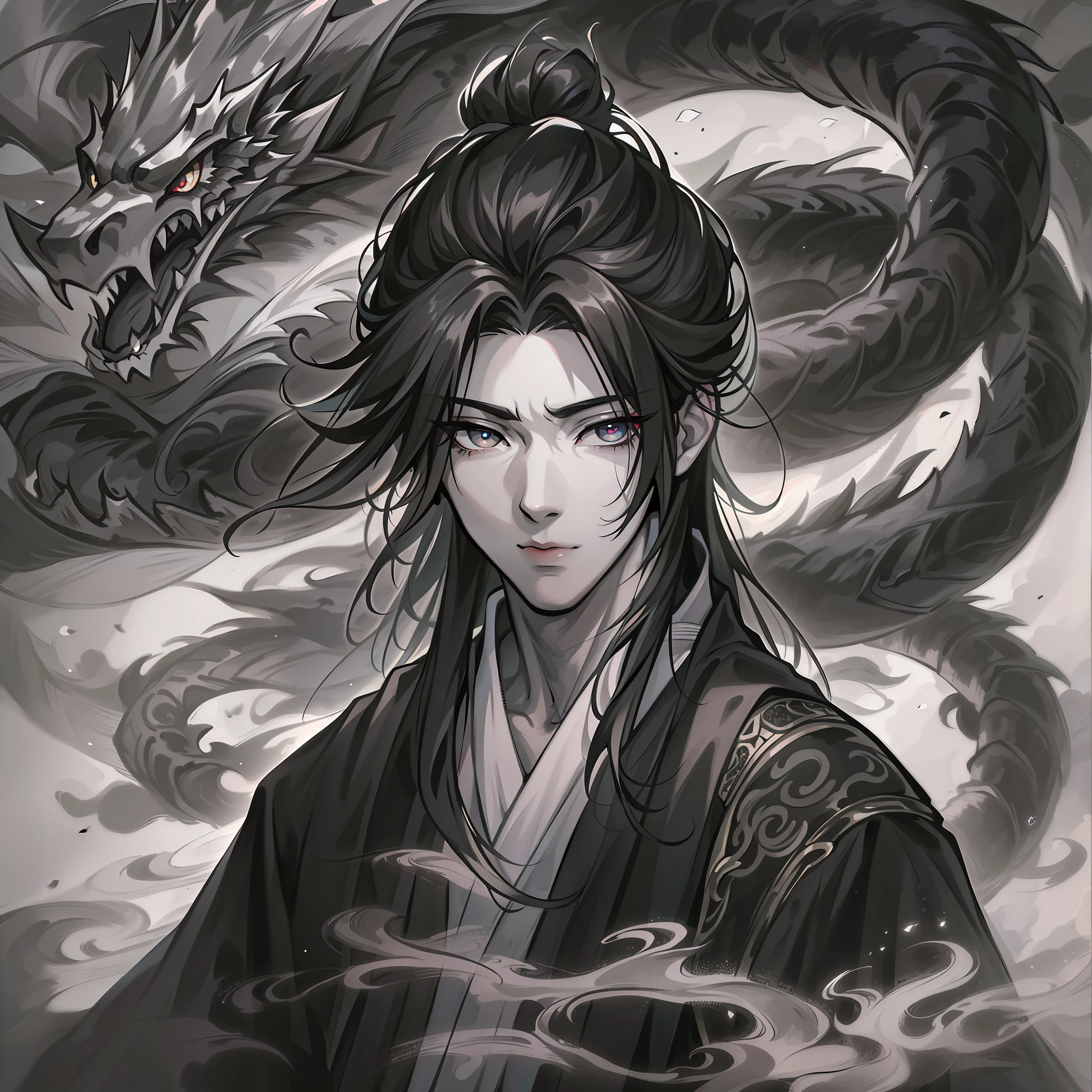 Highest image quality,4K,Ancient Chinese ink style,Handsome antique boy,upperbody closeup,Long black hair,Black and white robes,It is surrounded by black and white double dragons,Eyes glow