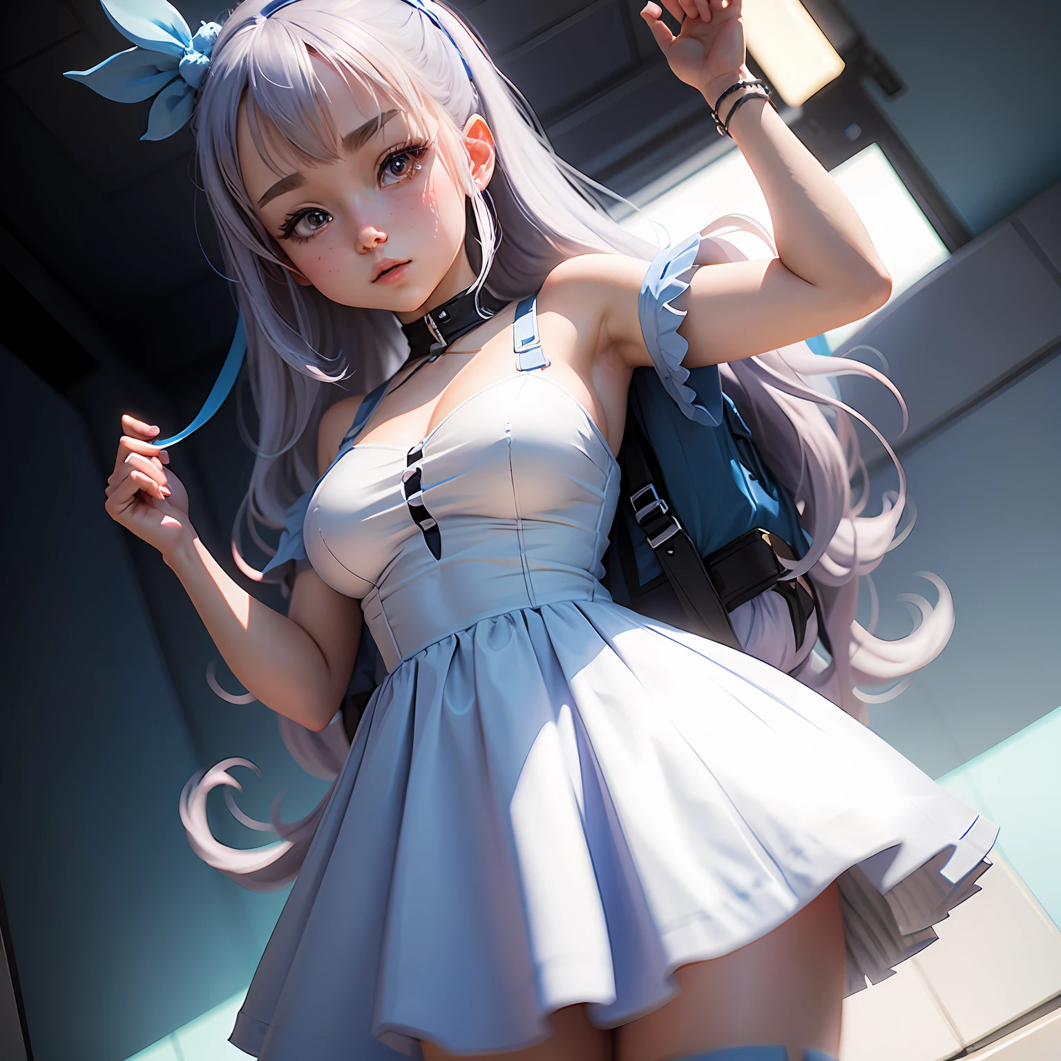 Close-up of a person wearing a blue Jk and a white background, cute anime waifu in a nice dress, small curvaceous , Lolih big breasts, render of a cute 3d anime girl, anime moe art style, anime styled 3d, made with anime painter studio, anime visual of a cute girl, anime full body illustration, Stylized anime --auto