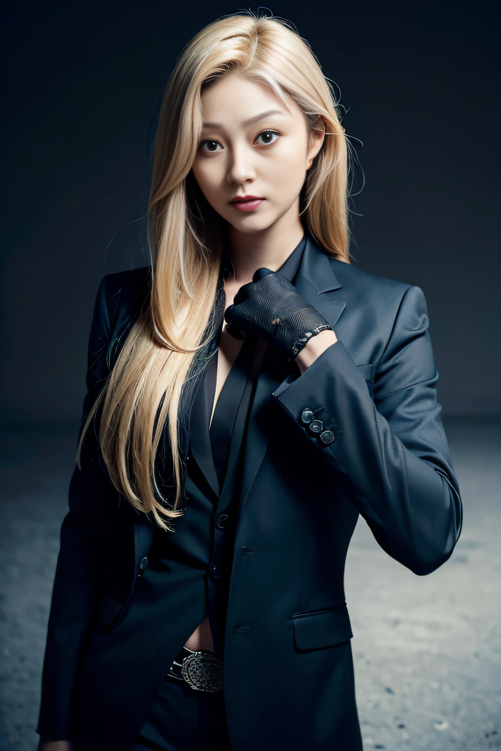 Best quality, masterpiece, ultra high res, (photorealistic:1.4), raw photo, 1girl, blonde hair, blue eyes, detailed eyes and face, black suit, dynamic lighting, in the dark, deep shadow, low key, cowboy shot full-lenght body
