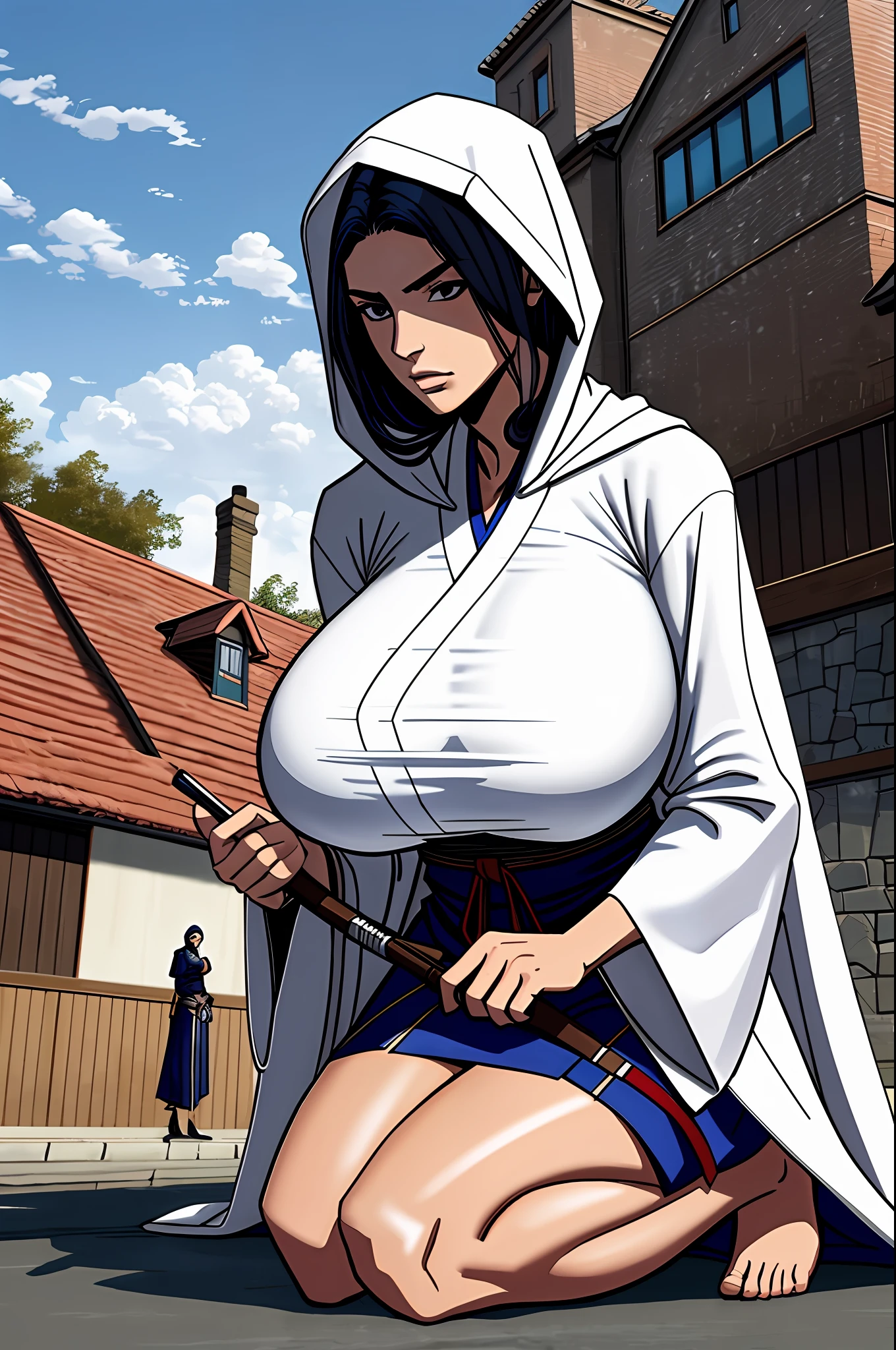 Female assassin wearing traditional assassin clothes, huge breasts, white assassin's robe, kneeling, on a big building, watching the village