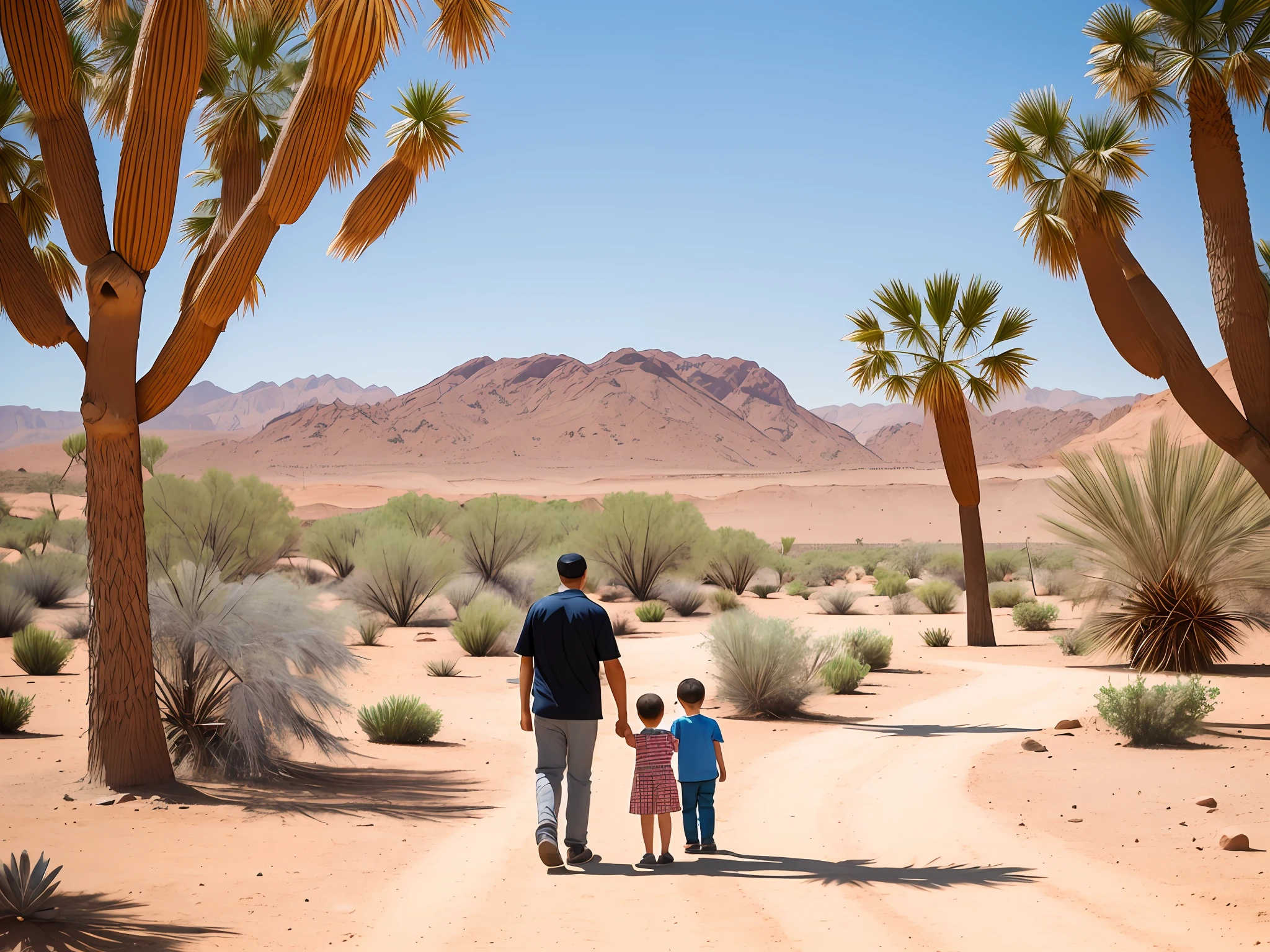 raw photo,super wide shot,There were two people and a , Stand in a botanical garden in the middle of the desert, Happy family, husband wife and son, on the garden,A family standing in a park in the middle of the desert,In front of forest background in desert,In the garden,Park in the desert in the background,In a park in the middle of the desert, Desert and trees in the background, vacation photo --auto