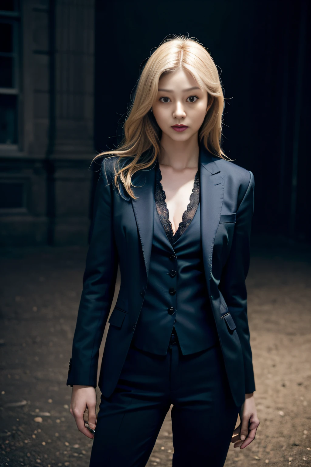 Best quality, masterpiece, ultra high res, (photorealistic:1.4), raw photo, 1girl, blonde hair, blue eyes, detailed eyes and face, black suit, dynamic lighting, in the dark, deep shadow, low key, cowboy shot full-lenght body