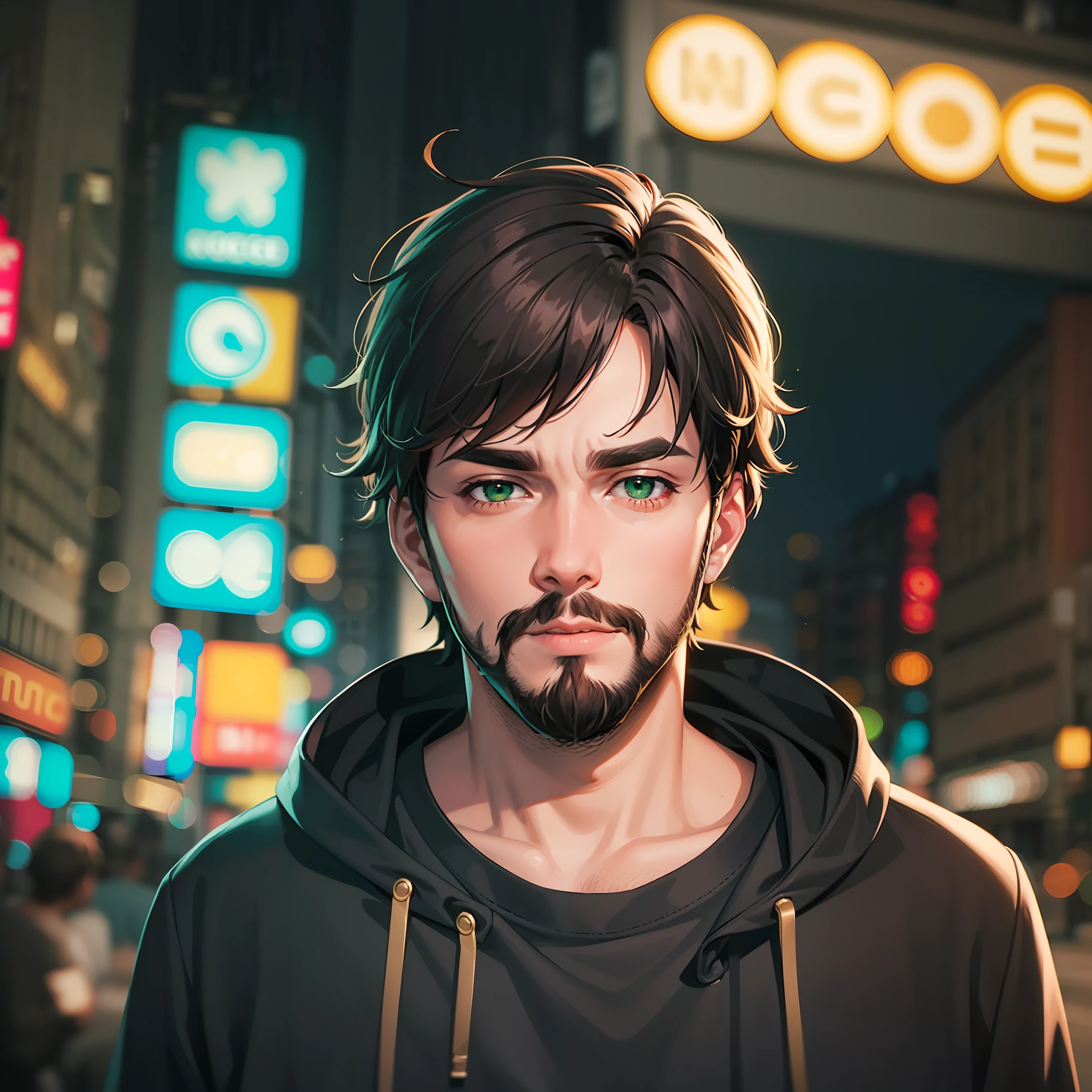 Adult man with beard and dark brown hair, black sweatshirt with green details, in a city with green neon lights.